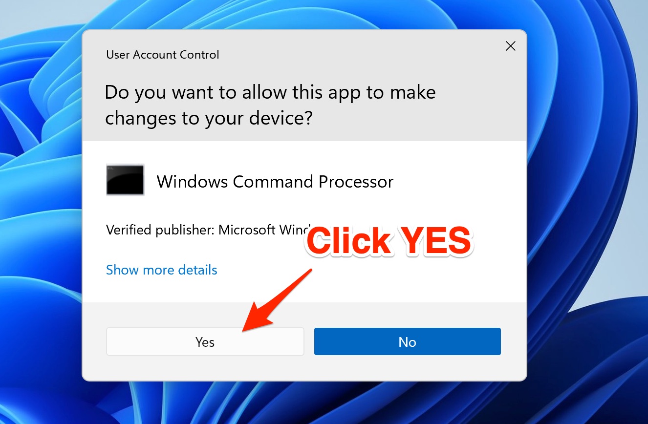 Windows User Account Control prompt for Windows Command Processor with the Yes button