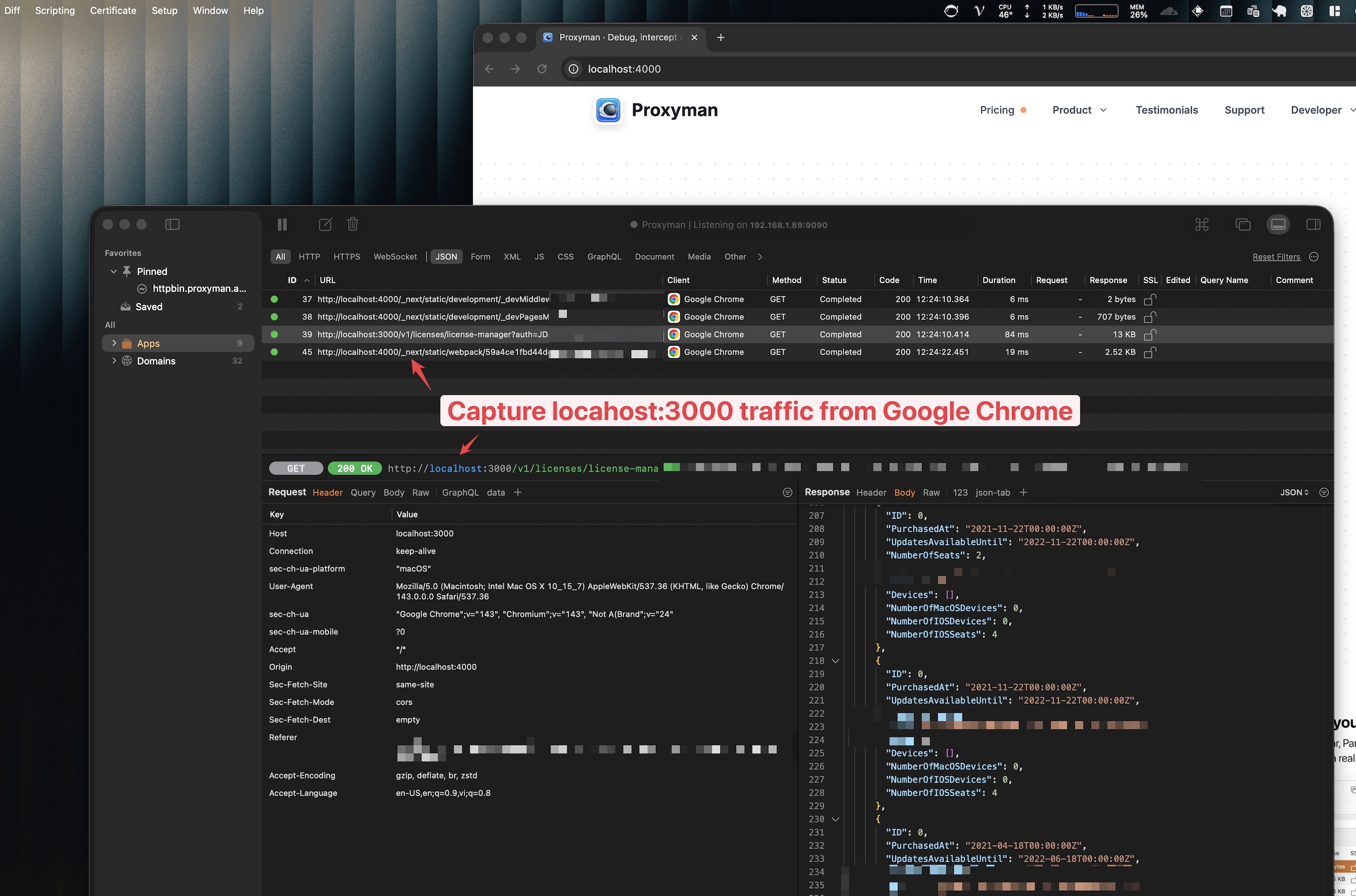 Proxyman captures localhost:3000 and localhost:4000 requests from Google Chrome