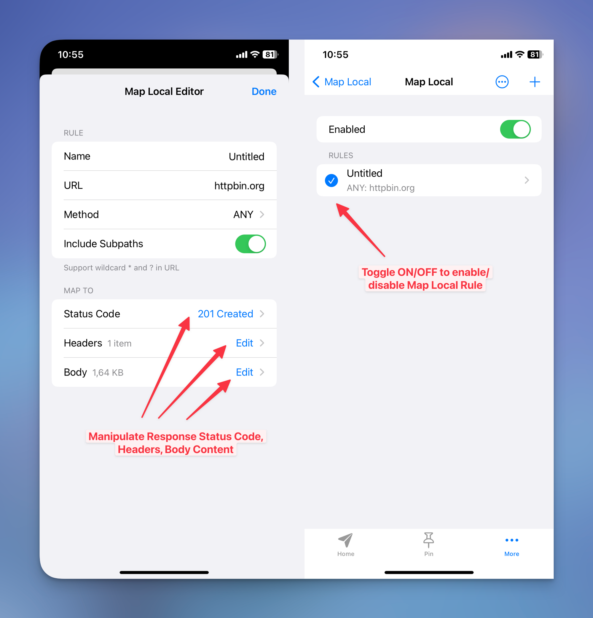 Proxyman for iOS Map Local Editor with status 201 Created next to the enabled Map Local rule list