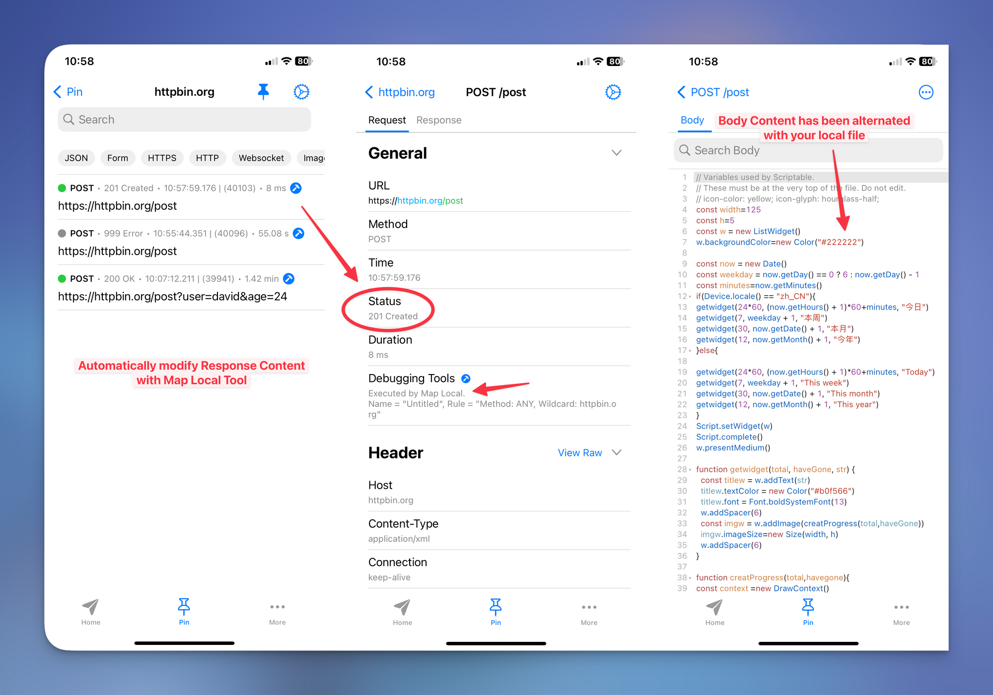 Proxyman for iOS flow list, request details executed by Map Local, and the response body replaced by a local file