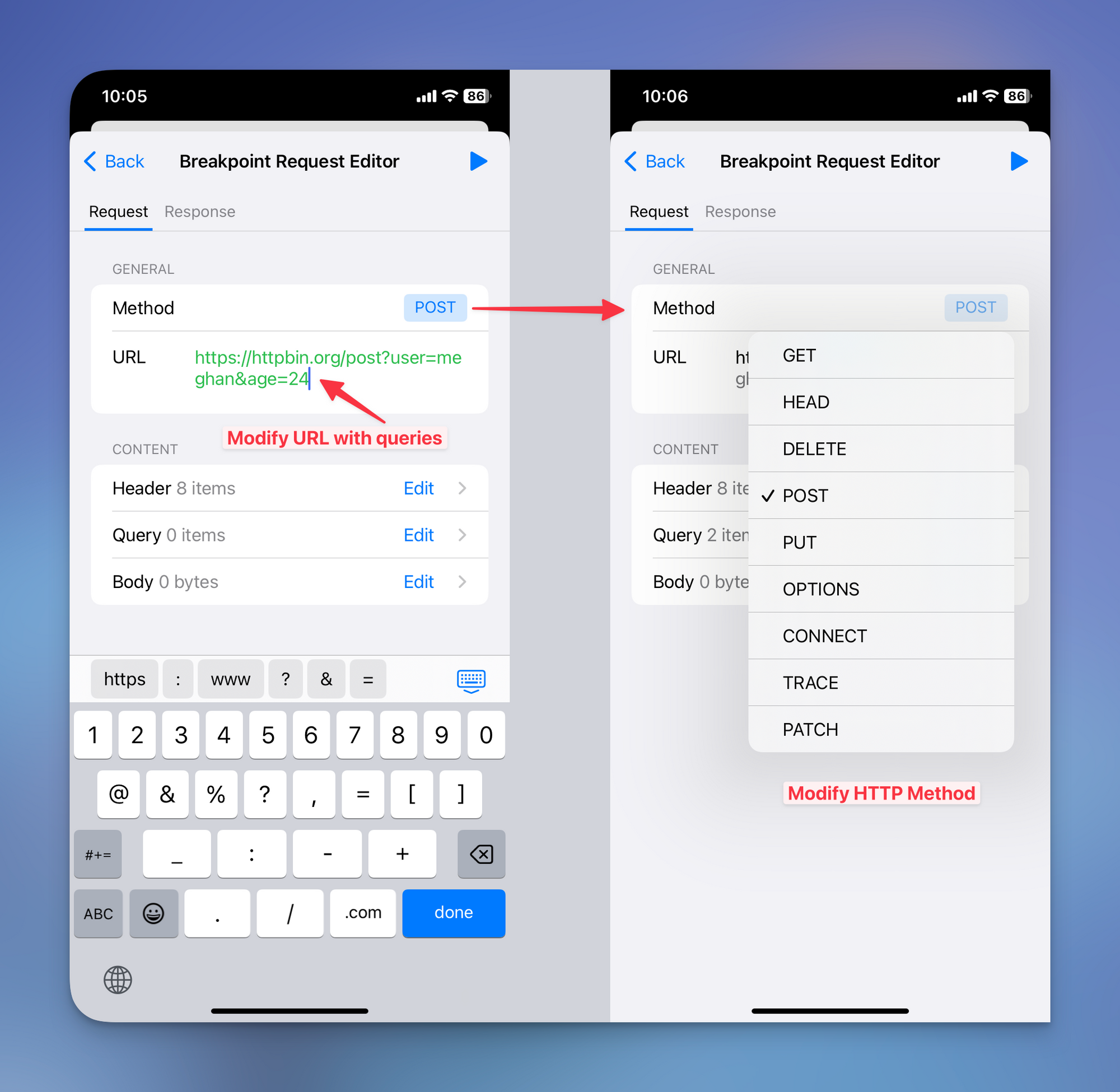 Proxyman for iOS Breakpoint Request Editor with an edited URL query and the HTTP method menu open