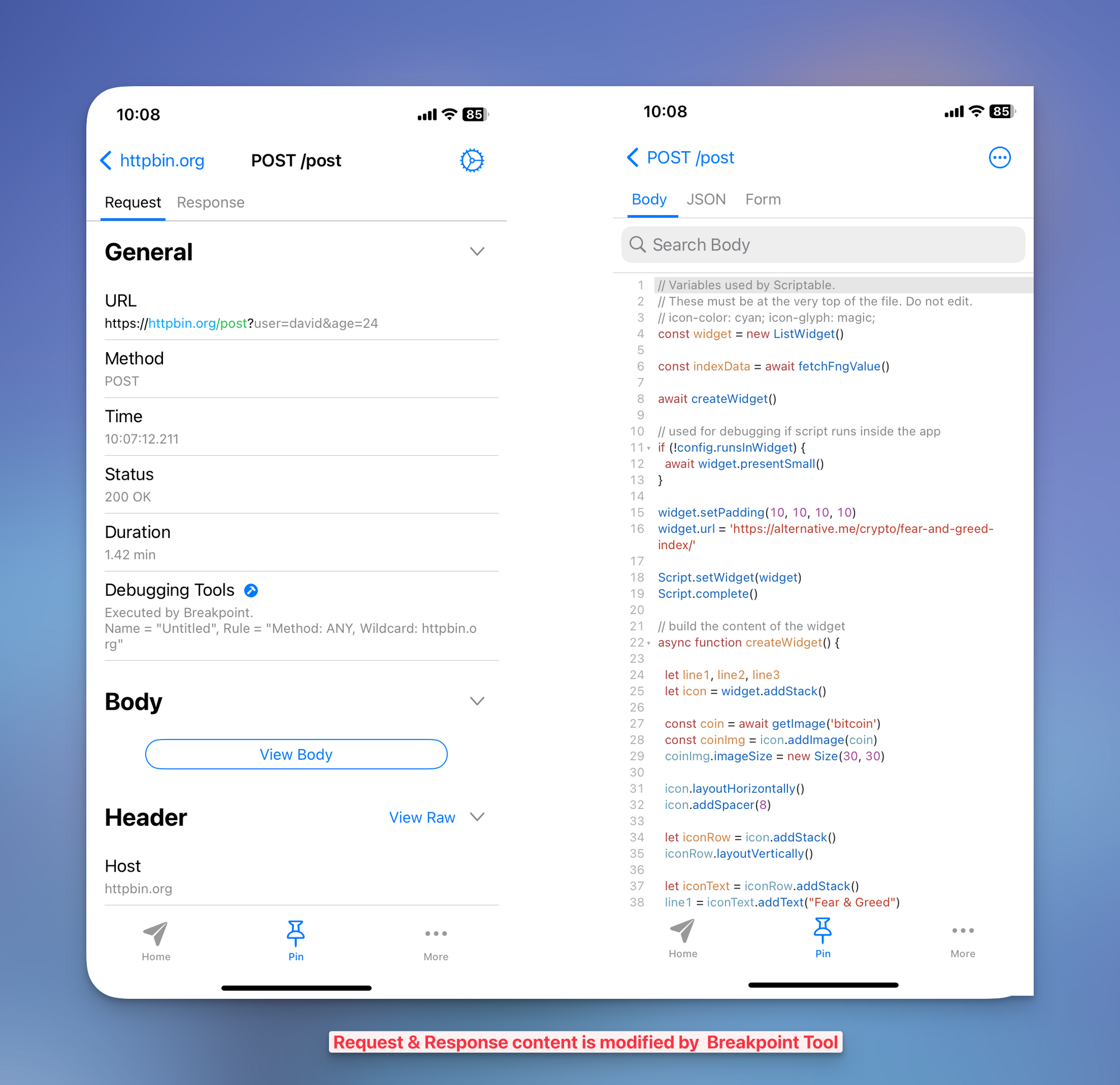 Proxyman for iOS request details executed by Breakpoint and the new response body