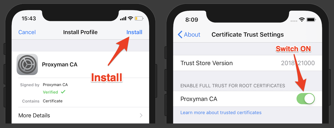 iOS Install Profile screen for Proxyman CA and the Certificate Trust Settings switch turned on