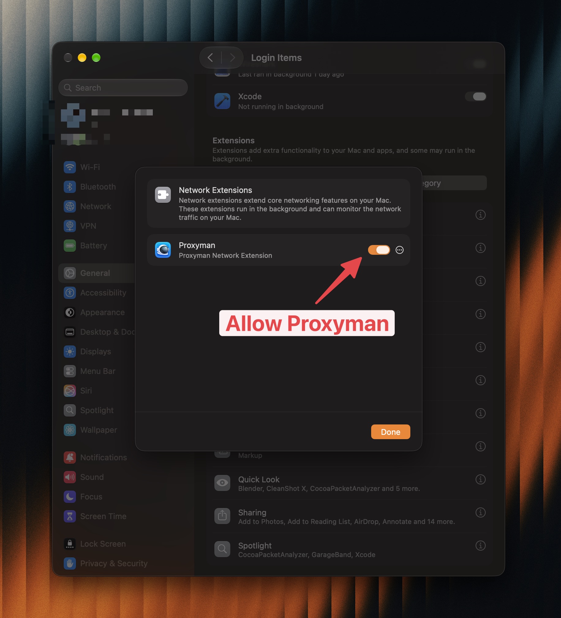 Enable the Proxyman toggle in Network Extensions