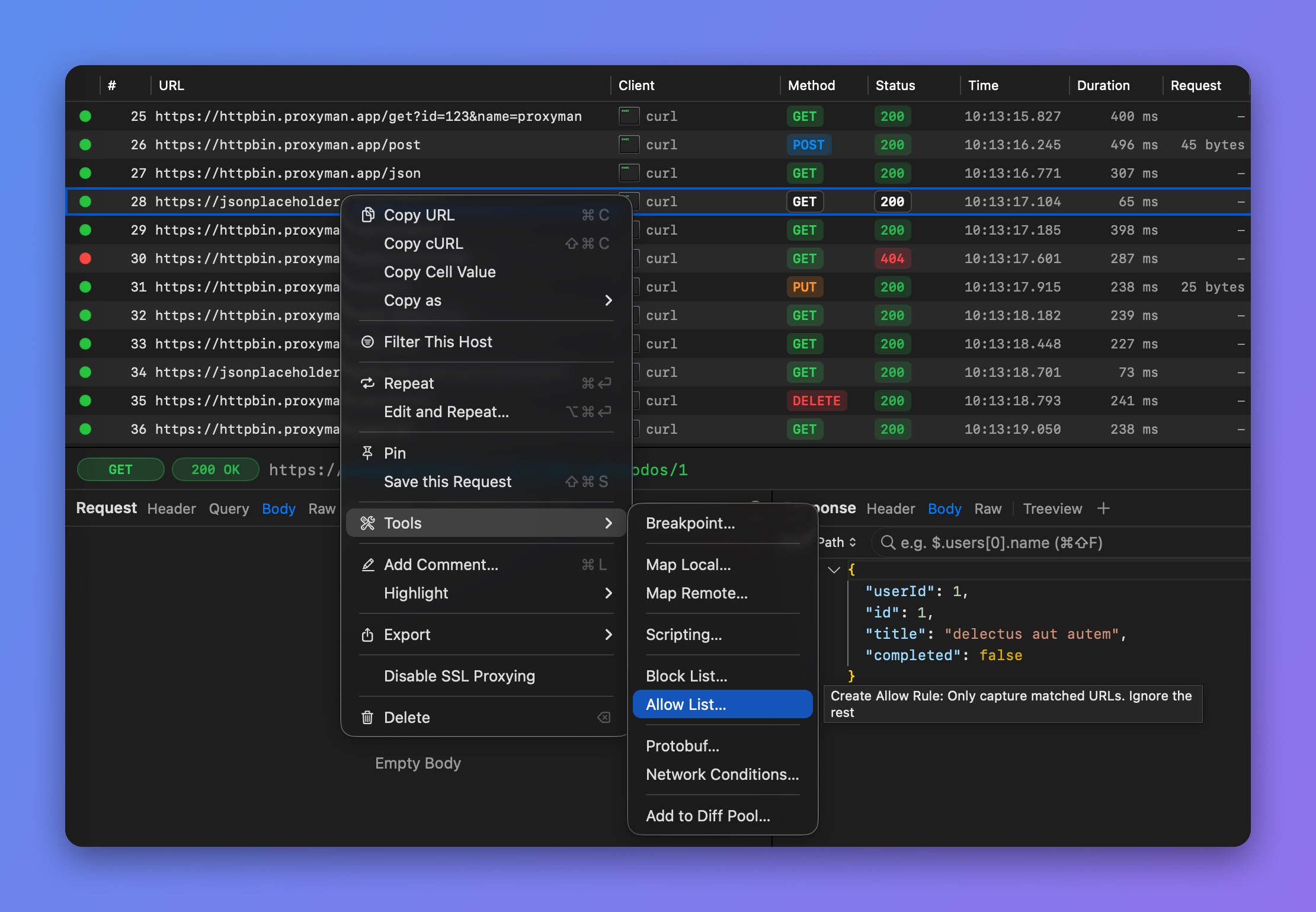 Proxyman right-click menu on a request with Tools > Allow List... highlighted