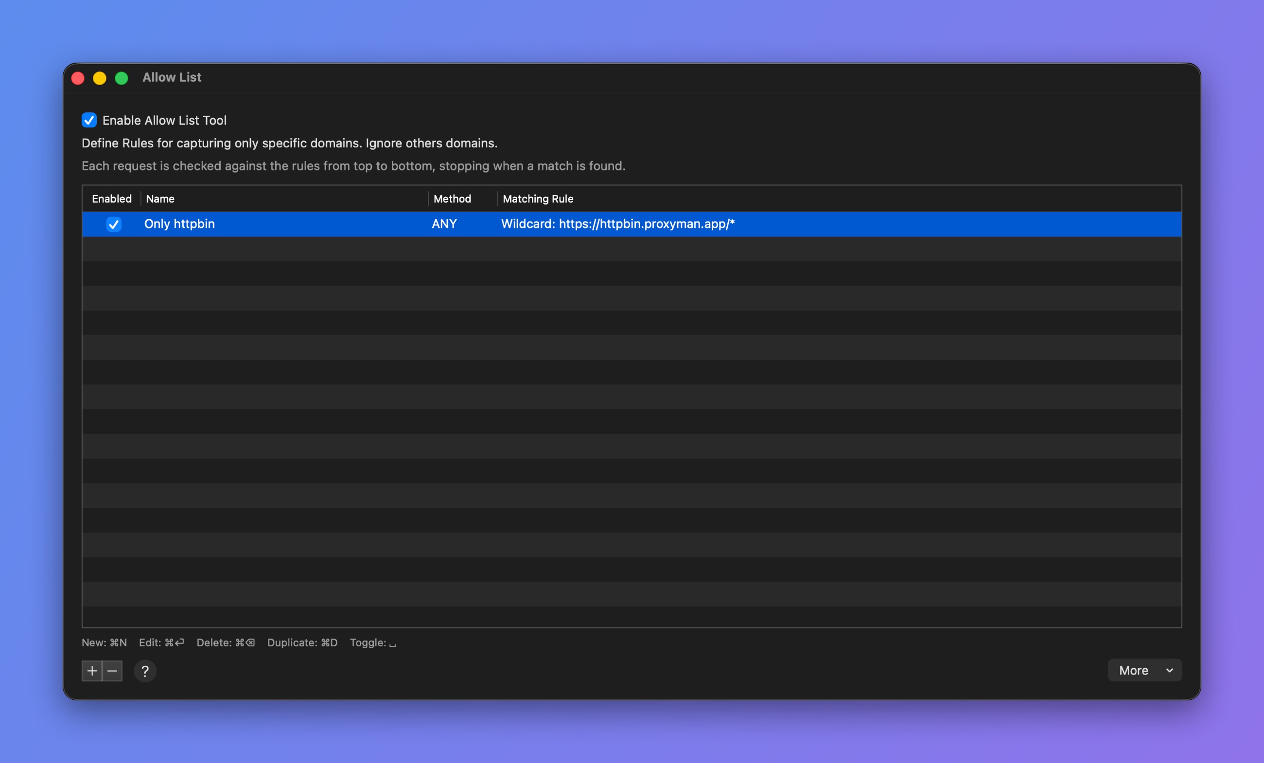 Proxyman Allow List window with an Only httpbin rule matching https://httpbin.proxyman.app/*