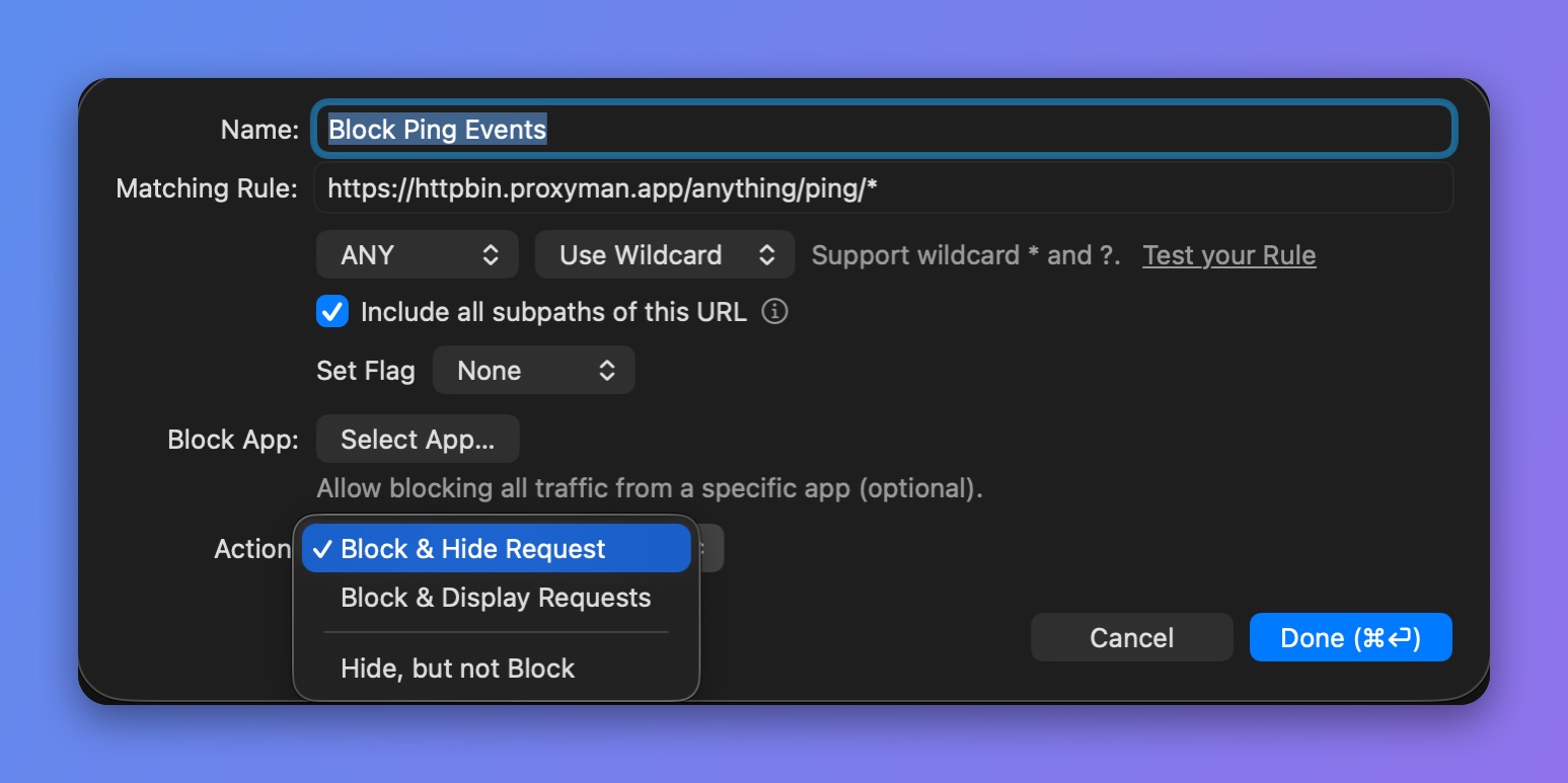 Proxyman Block List rule editor with the Action menu: Block & Hide, Block & Display, and Hide, but not Block