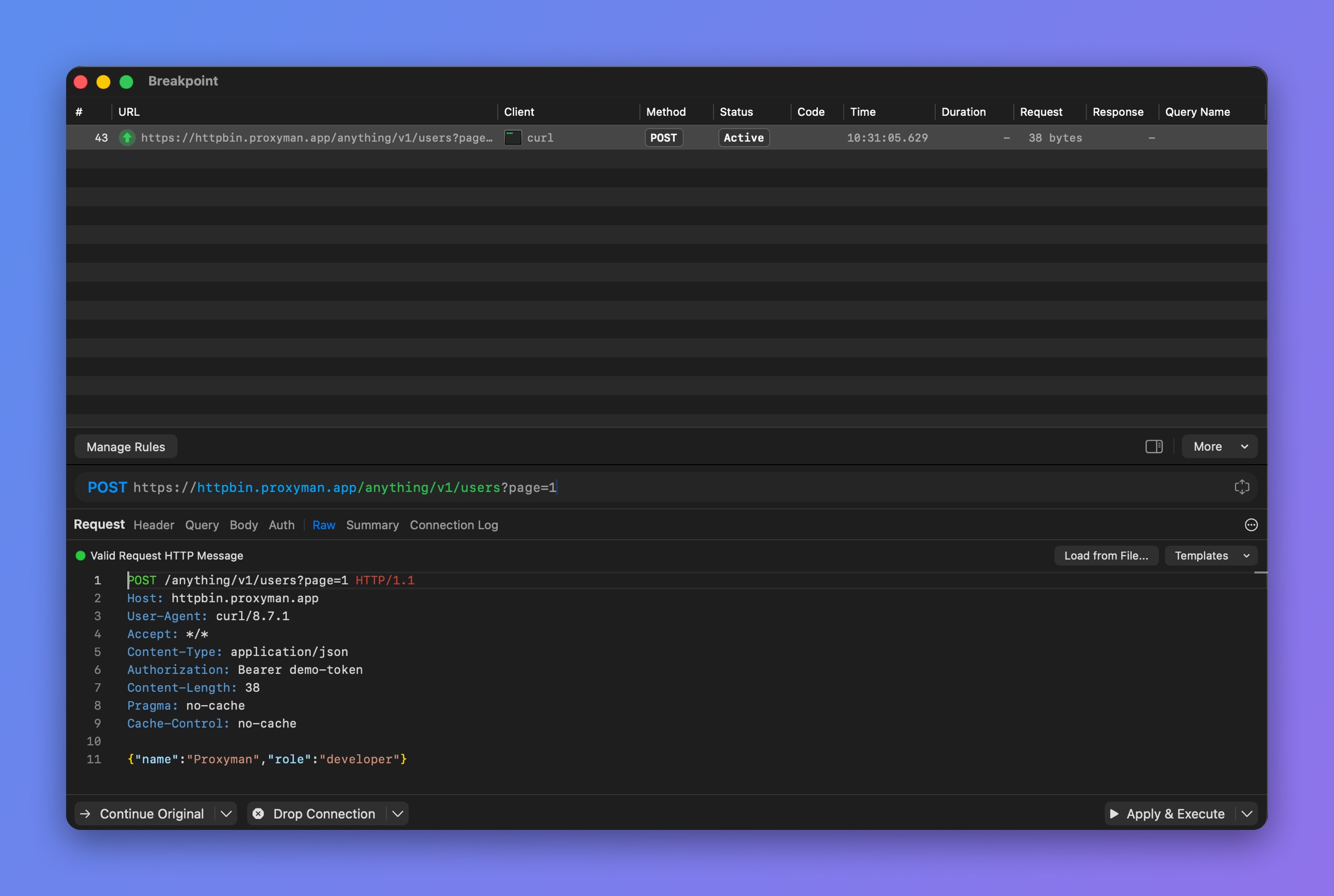 Proxyman Breakpoint Raw tab with a valid POST request message, headers and JSON body