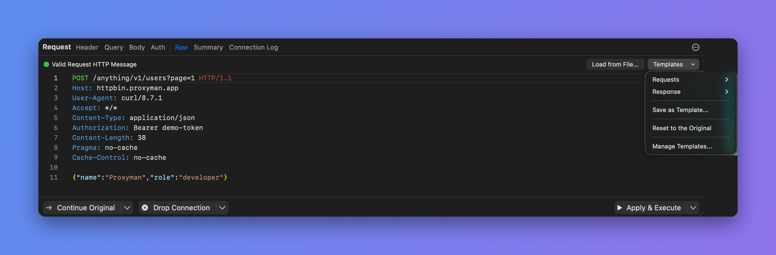 Proxyman Breakpoint Raw tab with the Templates menu open: Requests, Response, Save as Template, Reset to the Original
