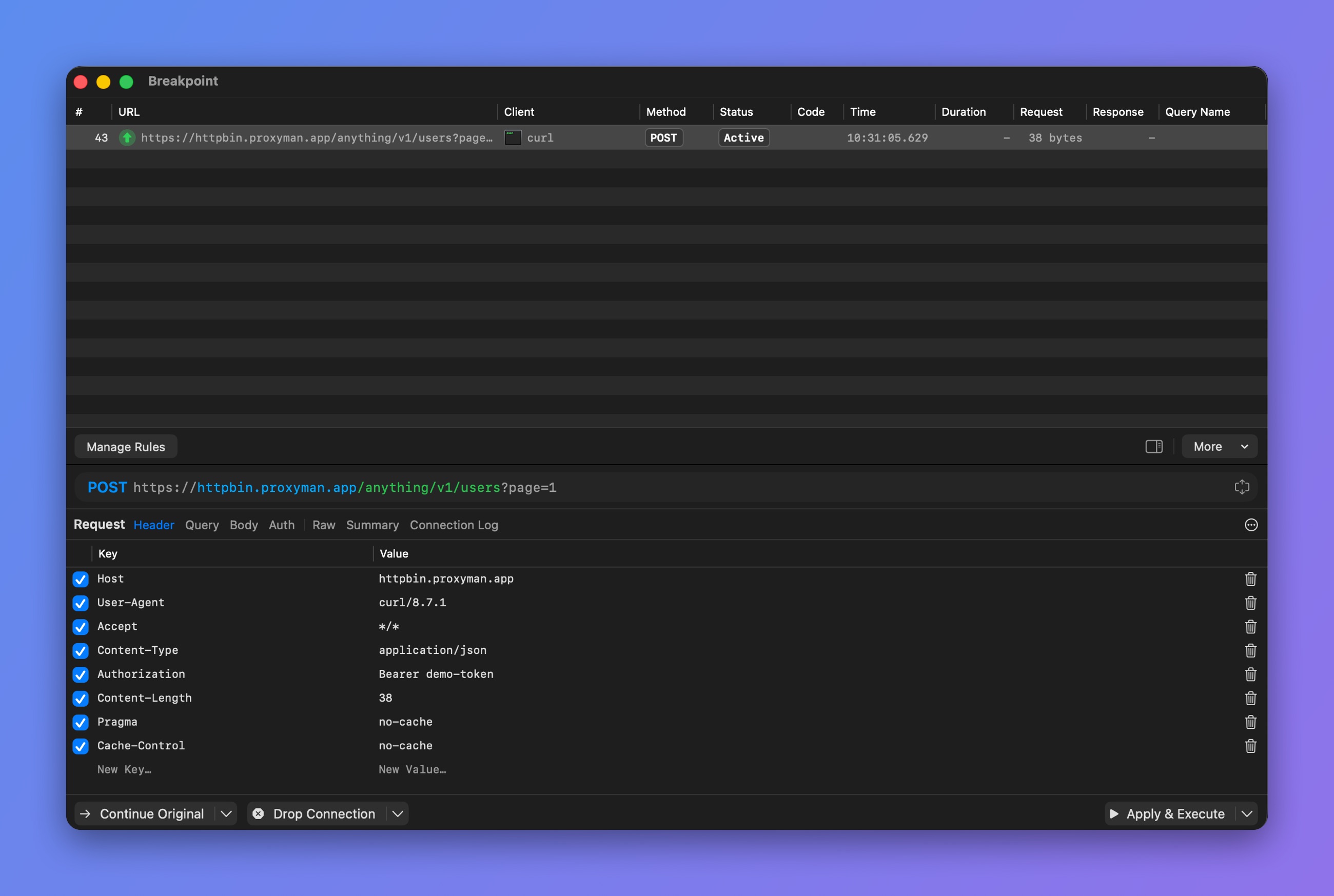 Proxyman Breakpoint window paused on a POST request with editable headers and the Apply & Execute button