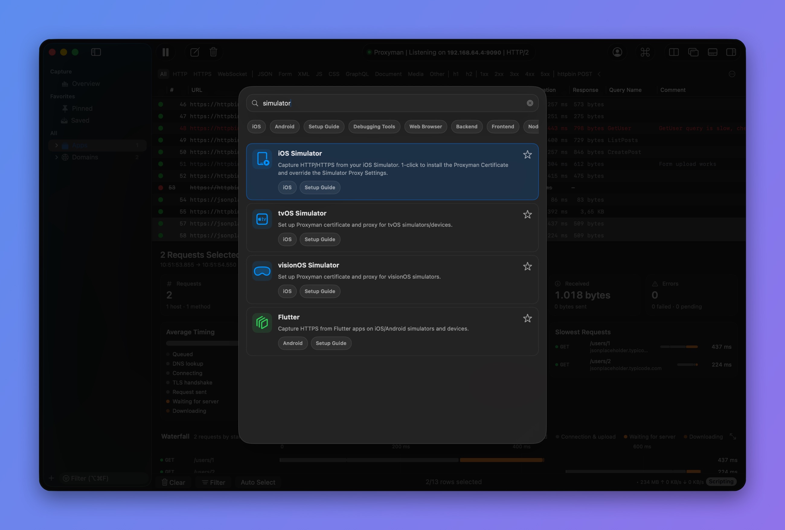 Proxyman Command Palette searching for simulator, listing iOS, tvOS and visionOS Simulator and Flutter setup guides