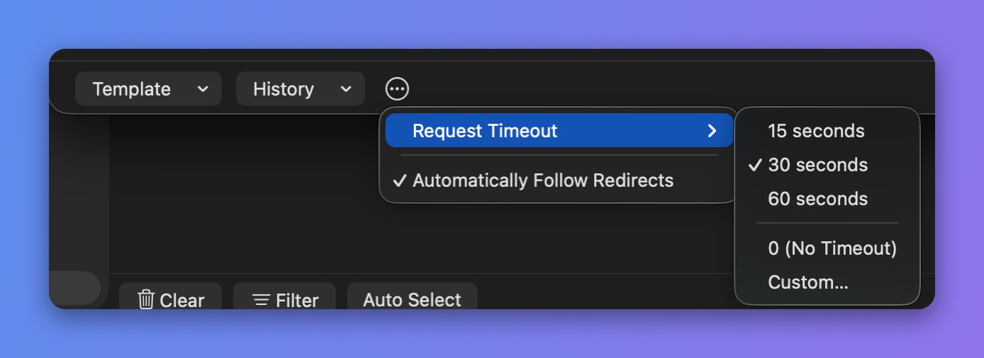 Proxyman Compose ⋯ menu with Request Timeout options 15, 30, 60 seconds, 0 (No Timeout), Custom...