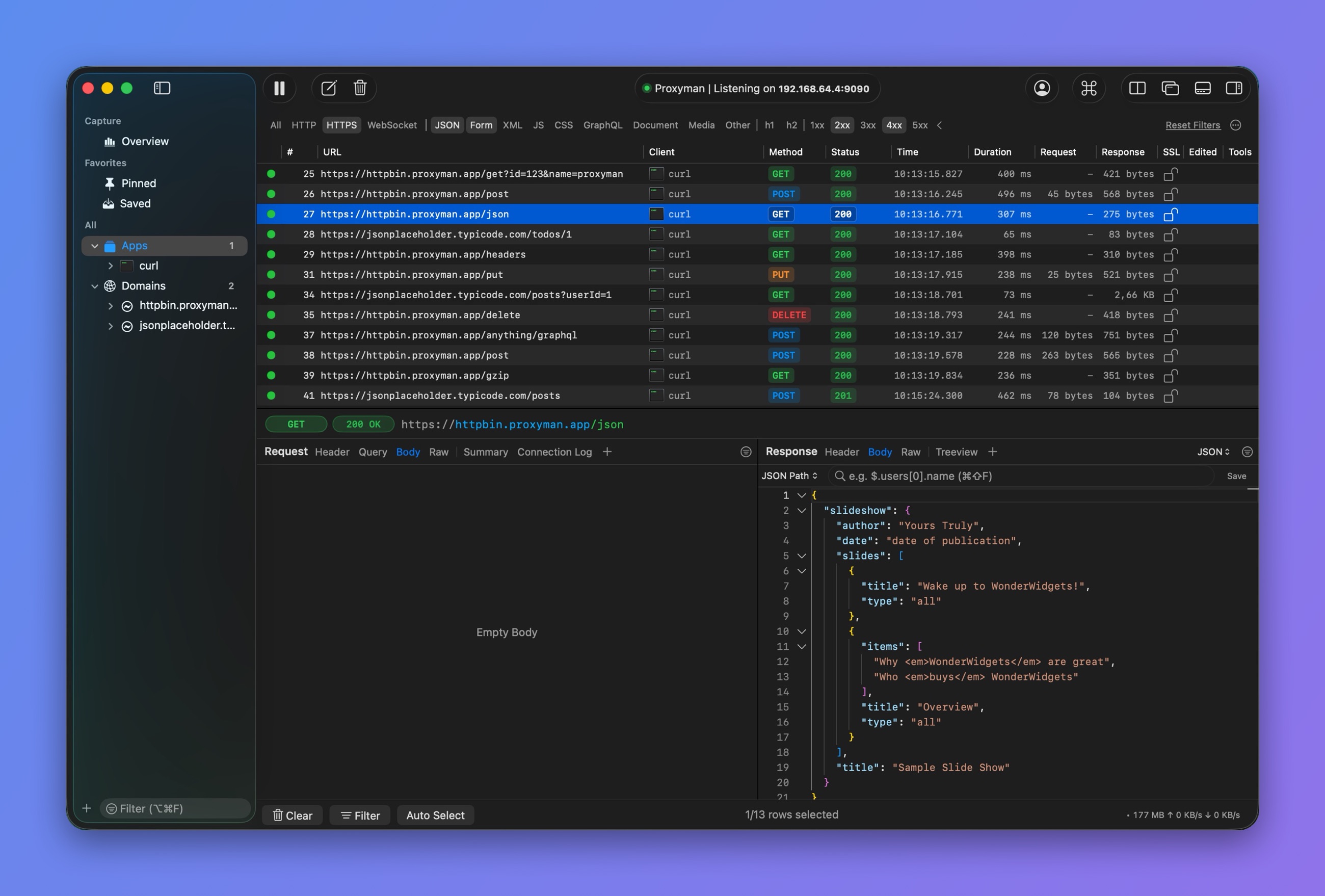 Proxyman filter bar with HTTPS, JSON, Form, 2xx and 4xx selected, so only matching requests show in the list
