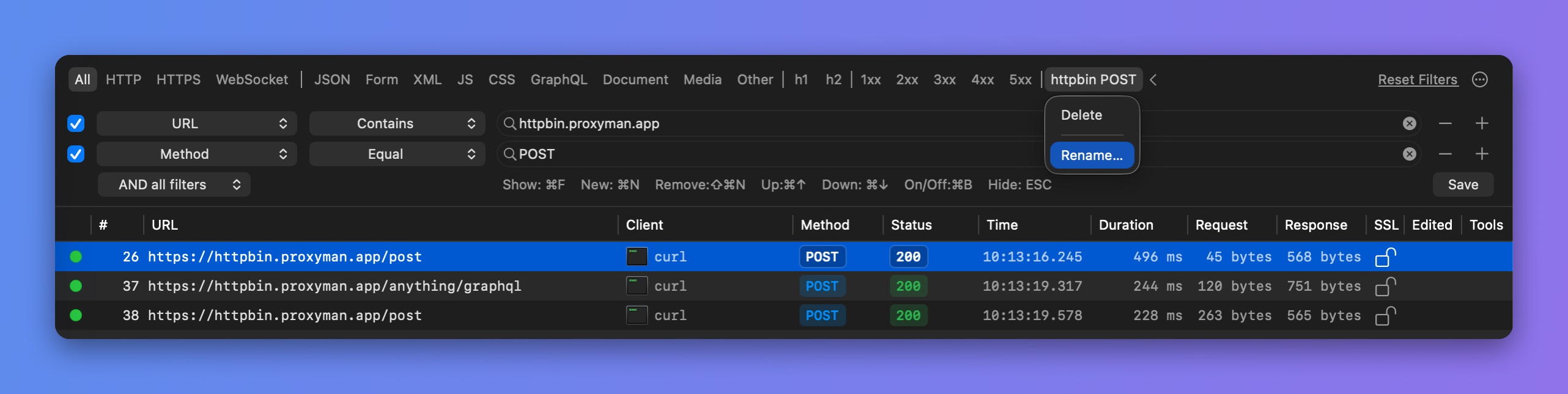 Right-click menu on the httpbin POST custom filter in Proxyman with Delete and Rename... options