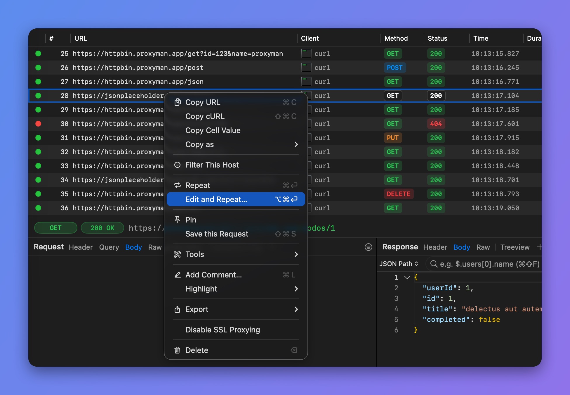 Proxyman right-click menu on a captured request with Edit and Repeat... (⌥⌘⏎) highlighted