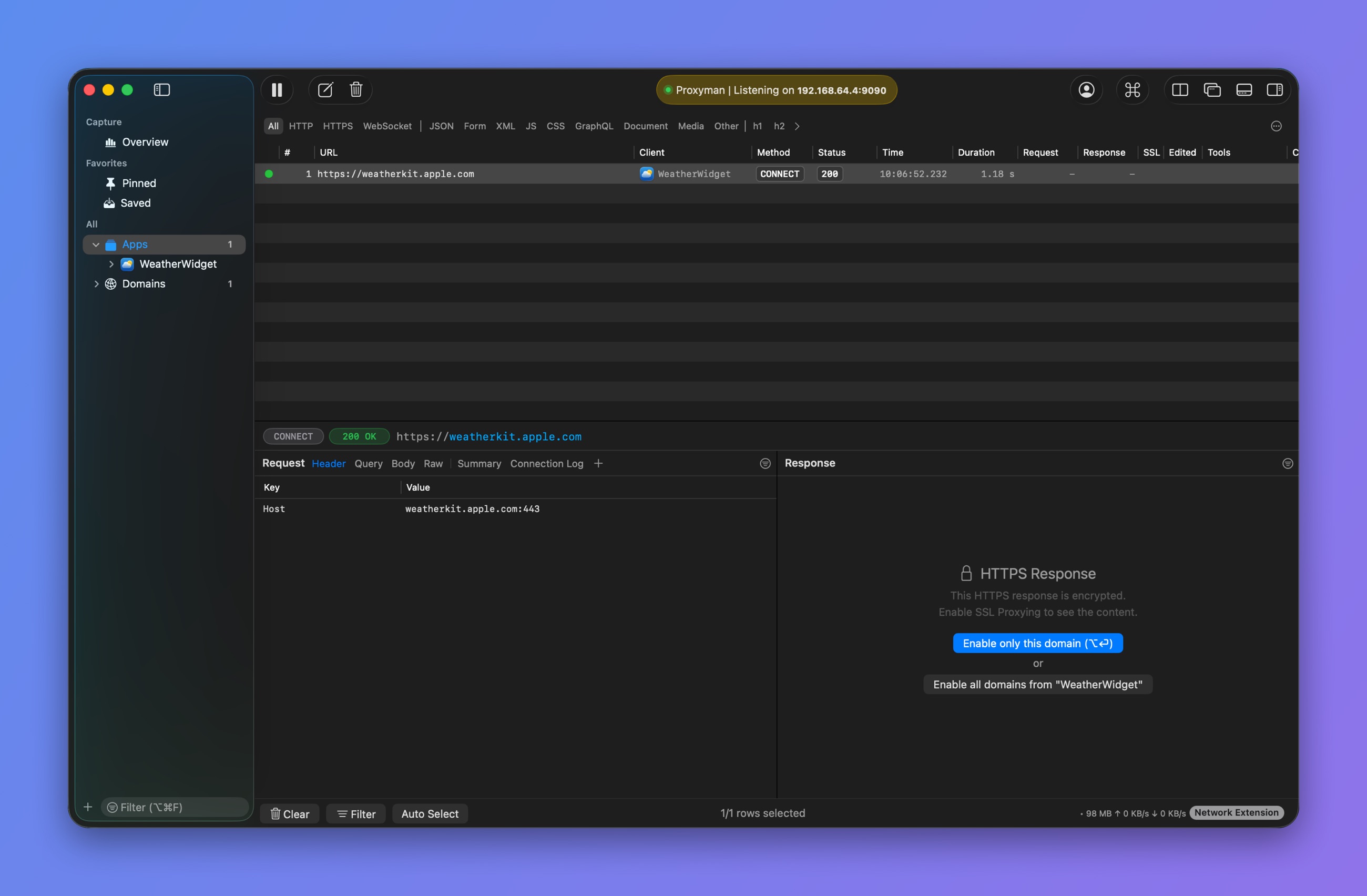 Proxyman Response panel for an encrypted HTTPS response with Enable only this domain and Enable all domains buttons