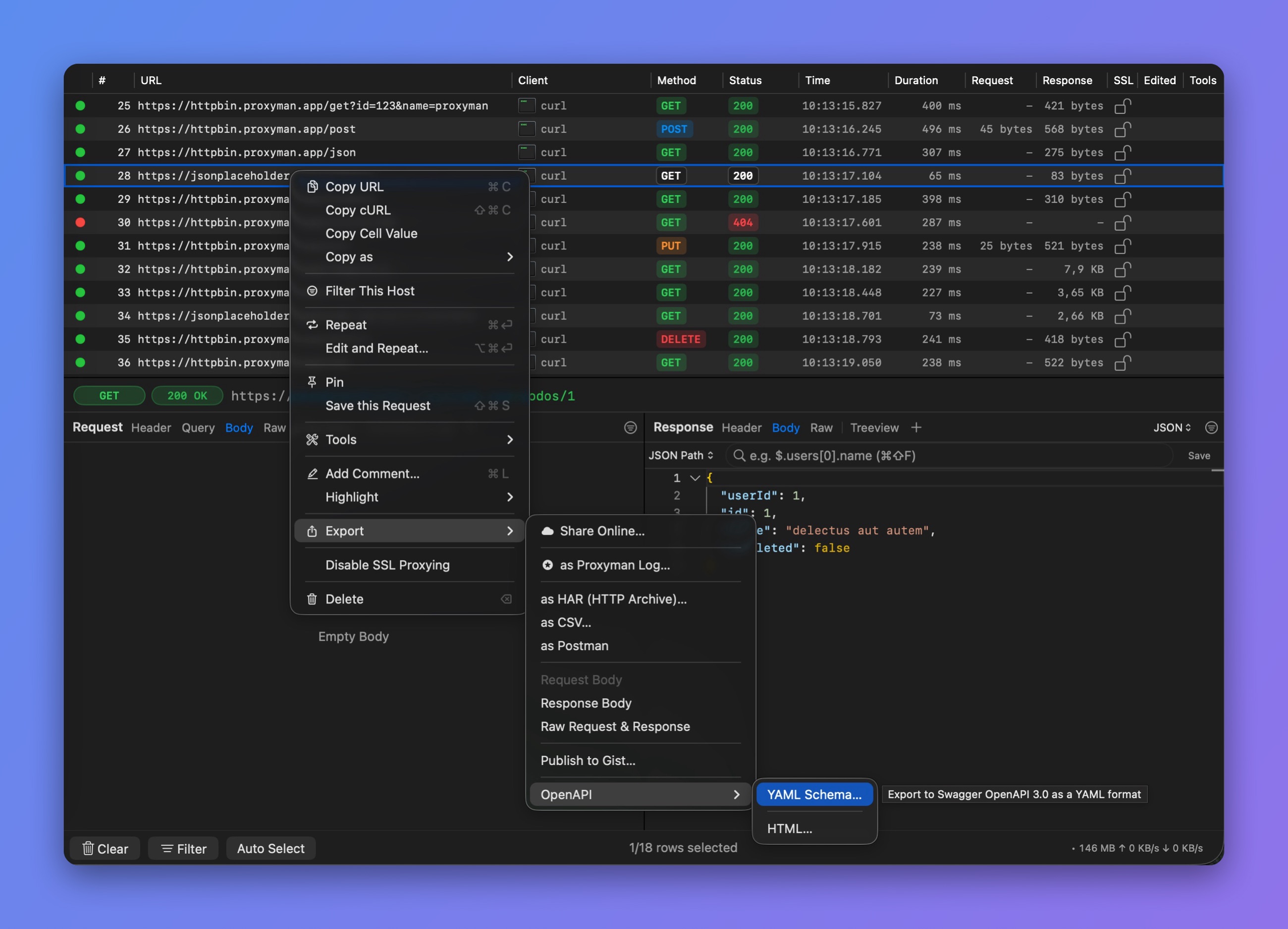 Proxyman right-click menu with Export > OpenAPI open, showing YAML Schema... and HTML...