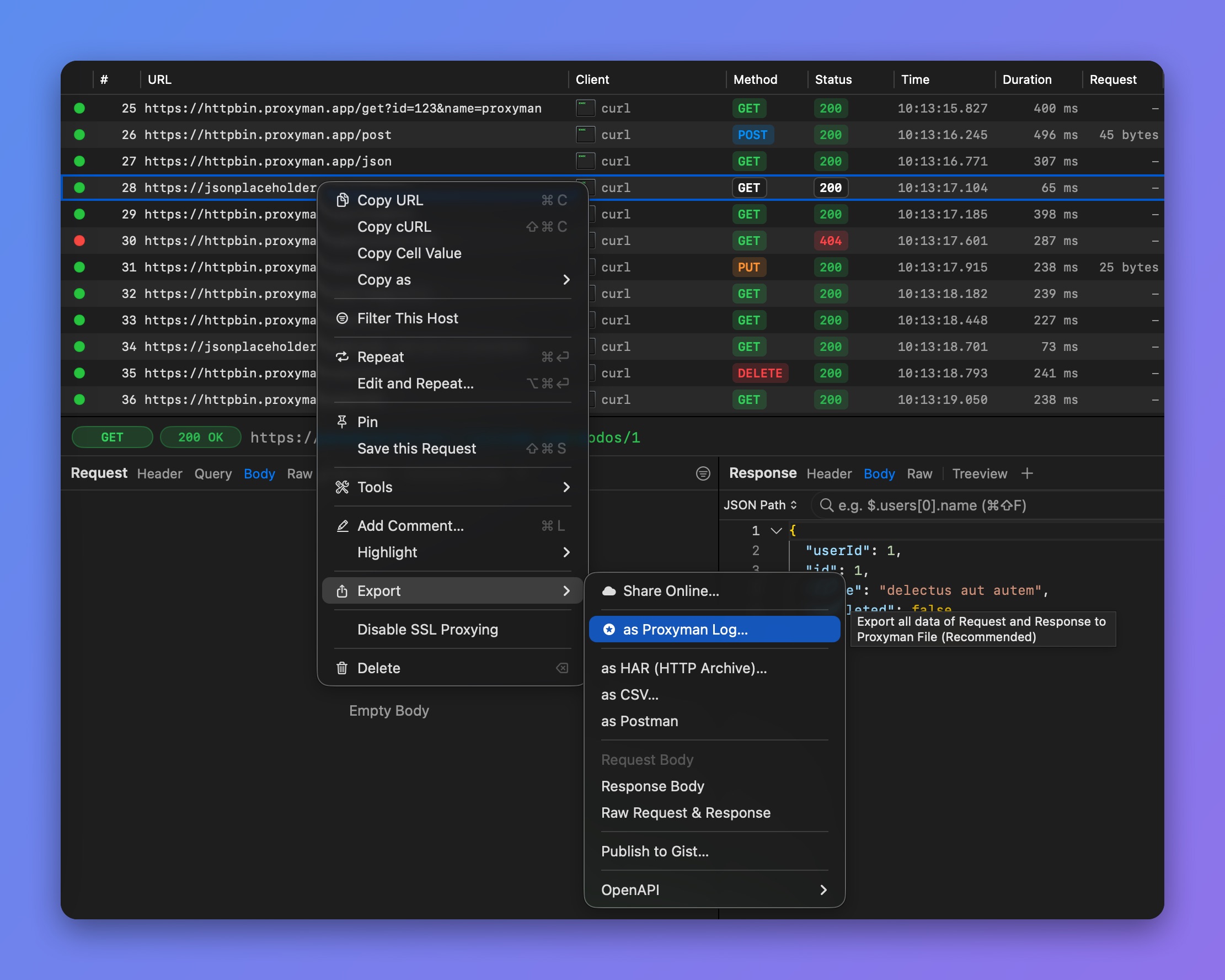 Proxyman request context menu with the Export submenu: Share Online, Proxyman Log, HAR, CSV, Postman, Gist and OpenAPI
