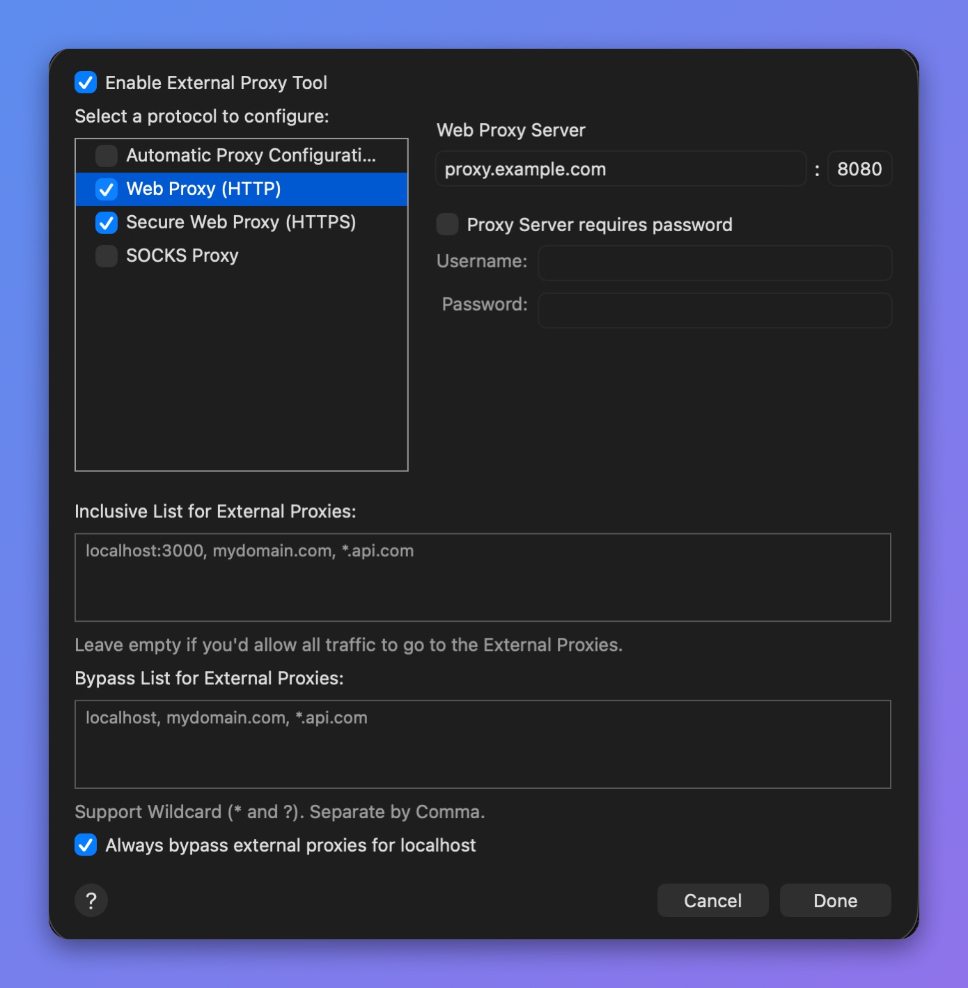 Proxyman External Proxy settings with Web Proxy (HTTP) and Secure Web Proxy (HTTPS) set to proxy.example.com:8080