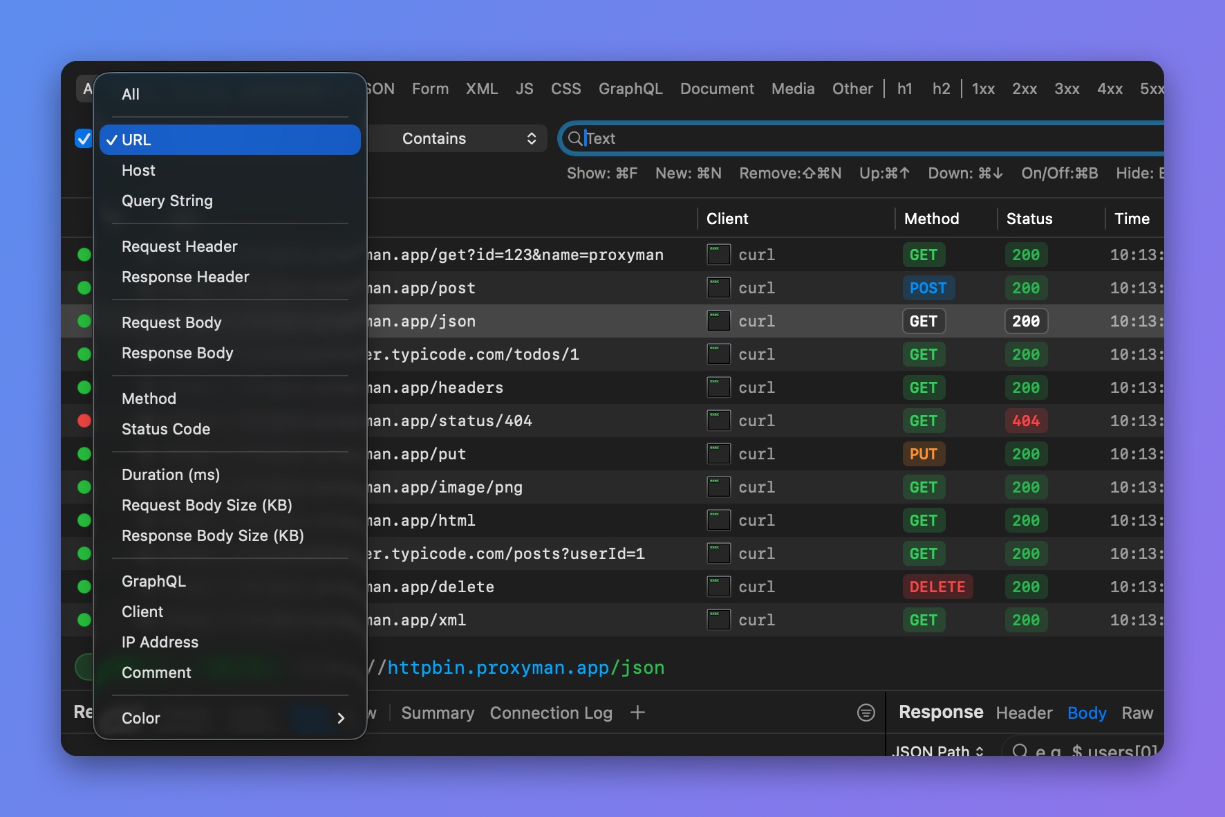 Proxyman Secondary Filter key menu with URL, Host, Query String, Header, Body, Method, Status Code, Comment and Color