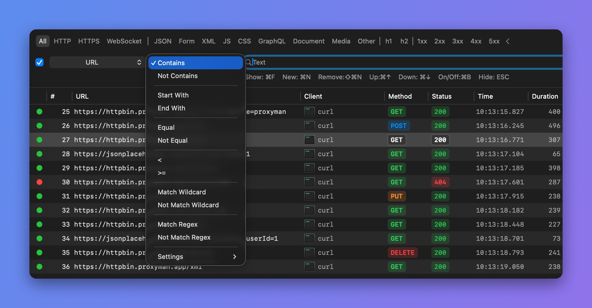 Proxyman filter matching menu with Contains, Start With, Equal, number comparisons, Match Wildcard and Match Regex