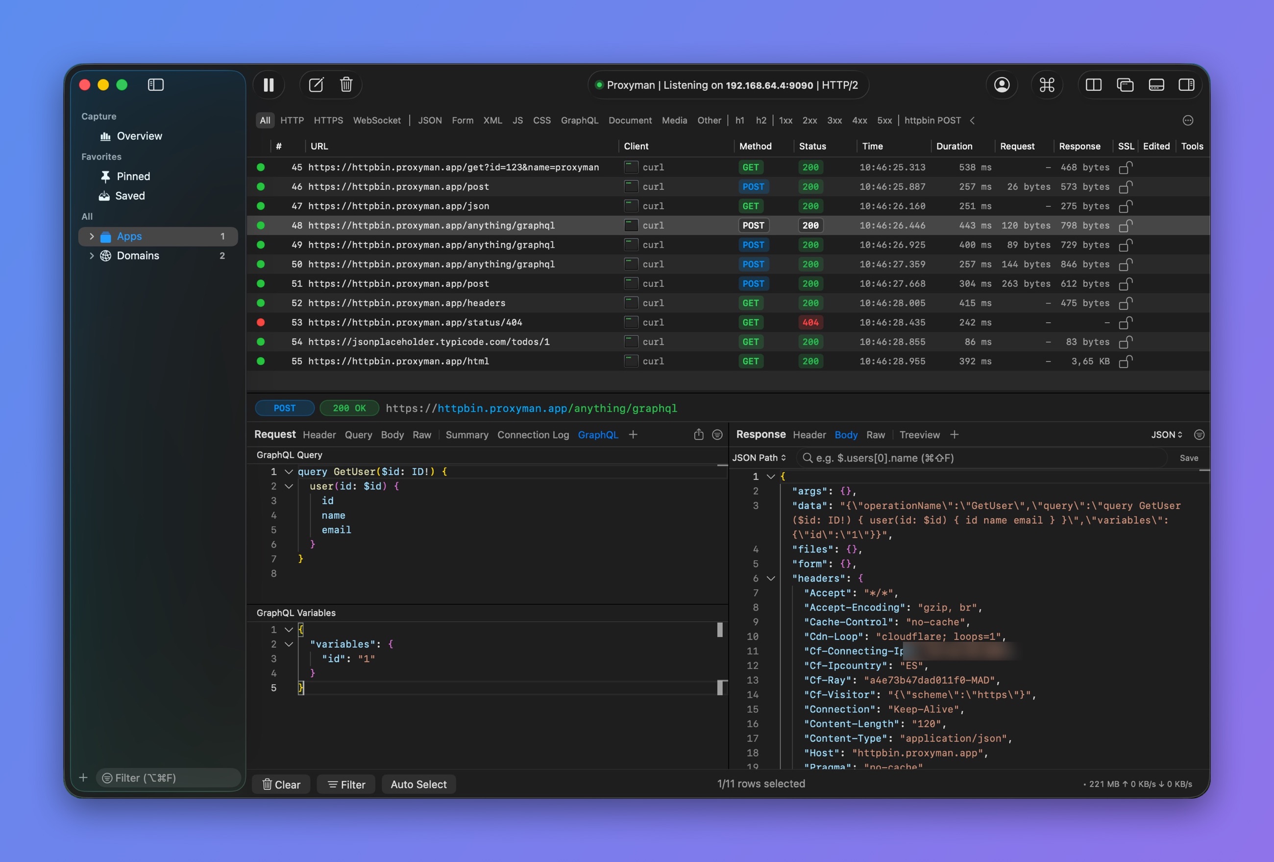 Proxyman GraphQL tab in the Request panel with a prettified GetUser query and its GraphQL variables
