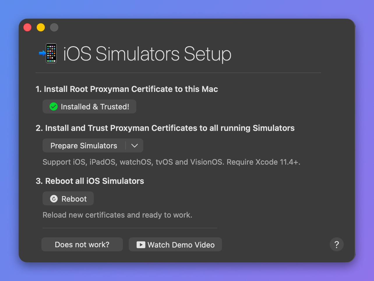 Proxyman iOS Simulators Setup with three steps: certificate Installed & Trusted, Prepare Simulators, and Reboot