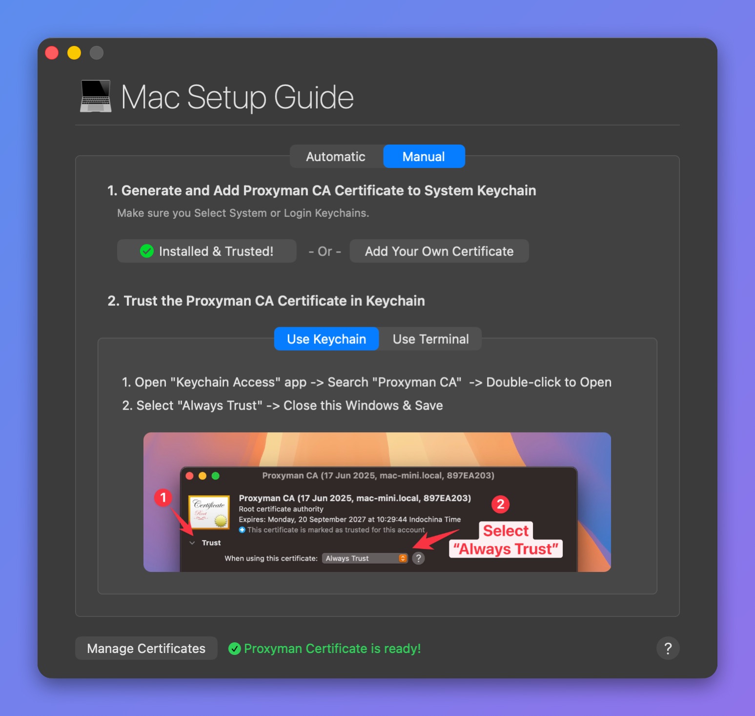 Proxyman Mac Setup Guide, Manual tab, with steps to set Proxyman CA to Always Trust in Keychain Access