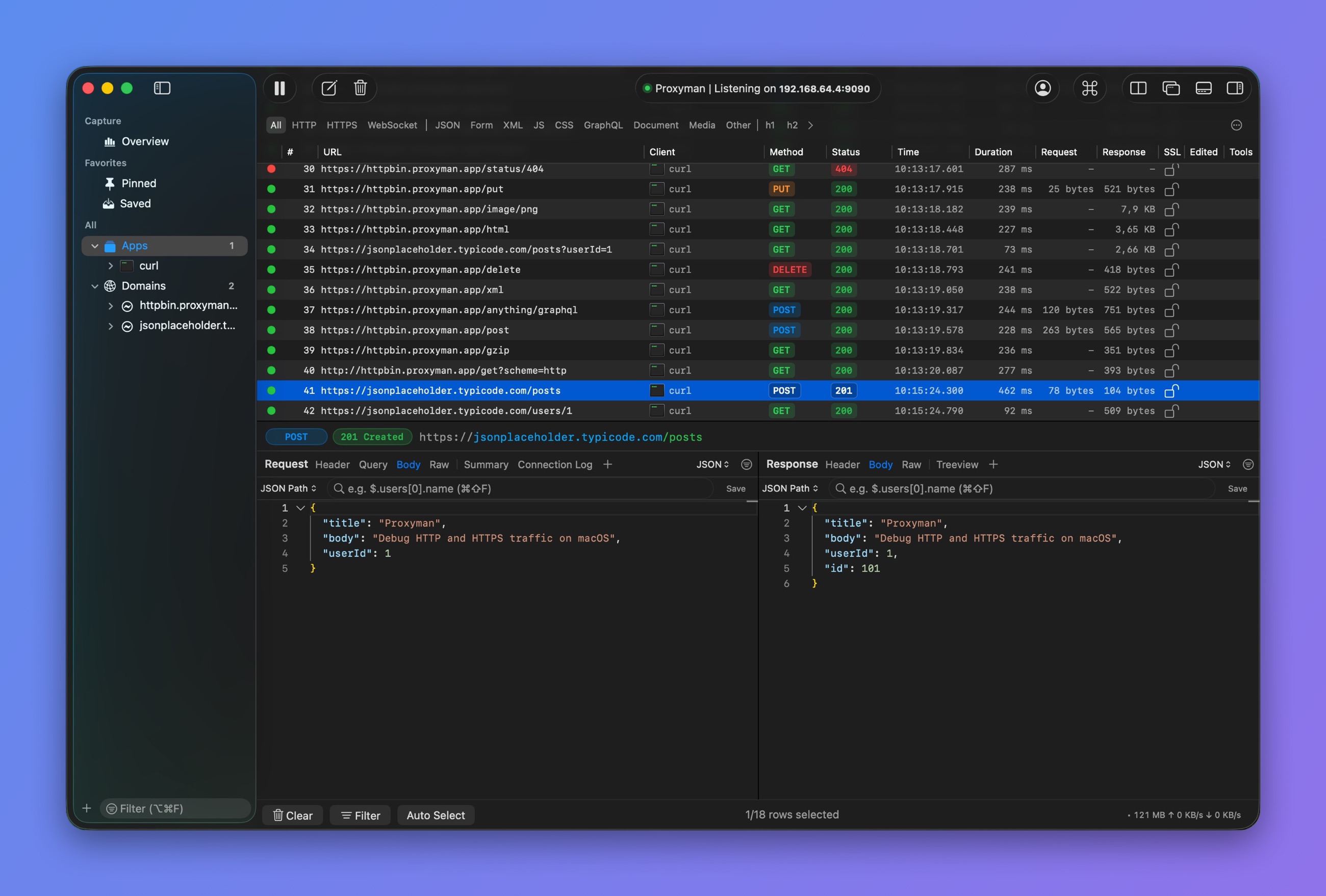 Proxyman main window with the Source List, the request list, and a POST request JSON body with a 201 Created response