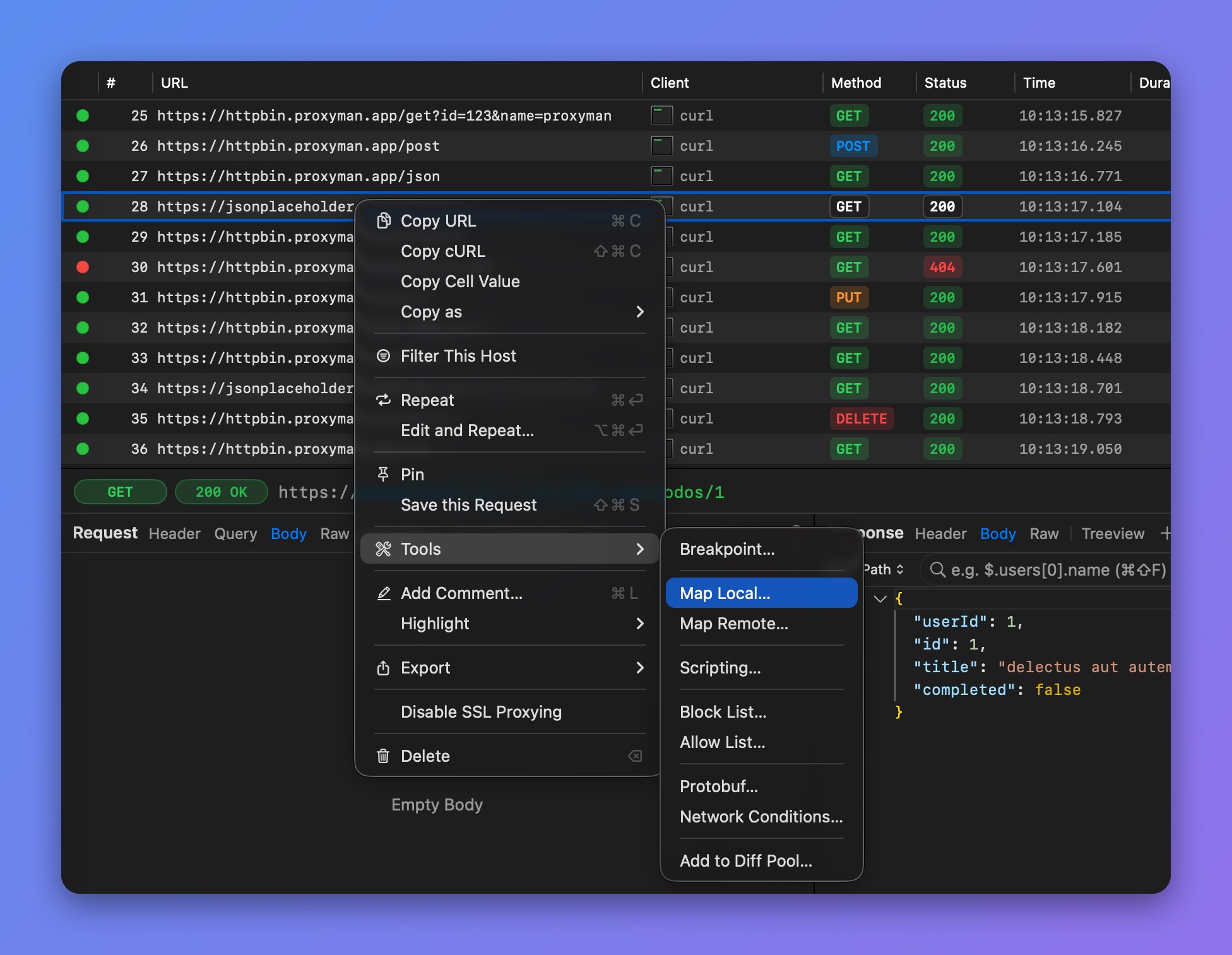 Proxyman right-click menu on a request with Tools > Map Local... highlighted