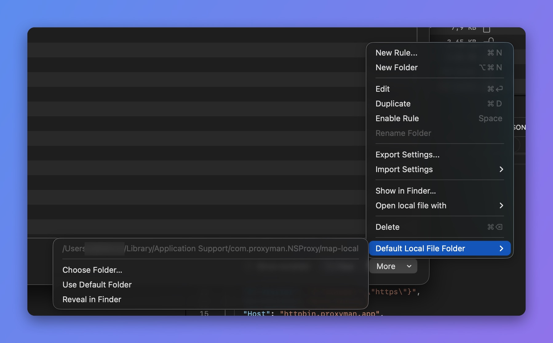 Proxyman Map Local More menu with Default Local File Folder open: Choose Folder, Use Default Folder, Reveal in Finder