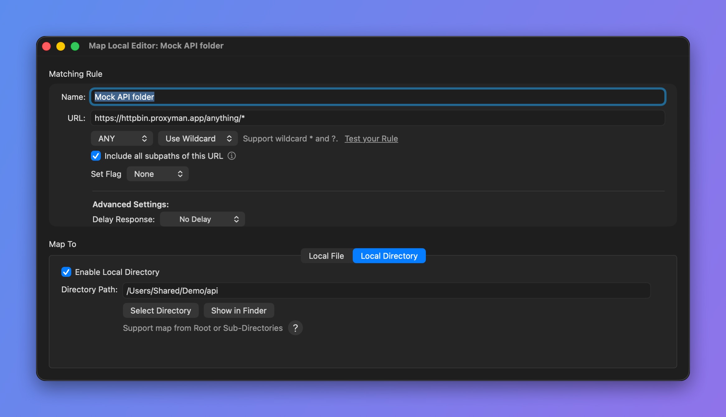 Proxyman Map Local editor in Local Directory mode mapping https://httpbin.proxyman.app/anything/* to /Users/Shared/Demo/api