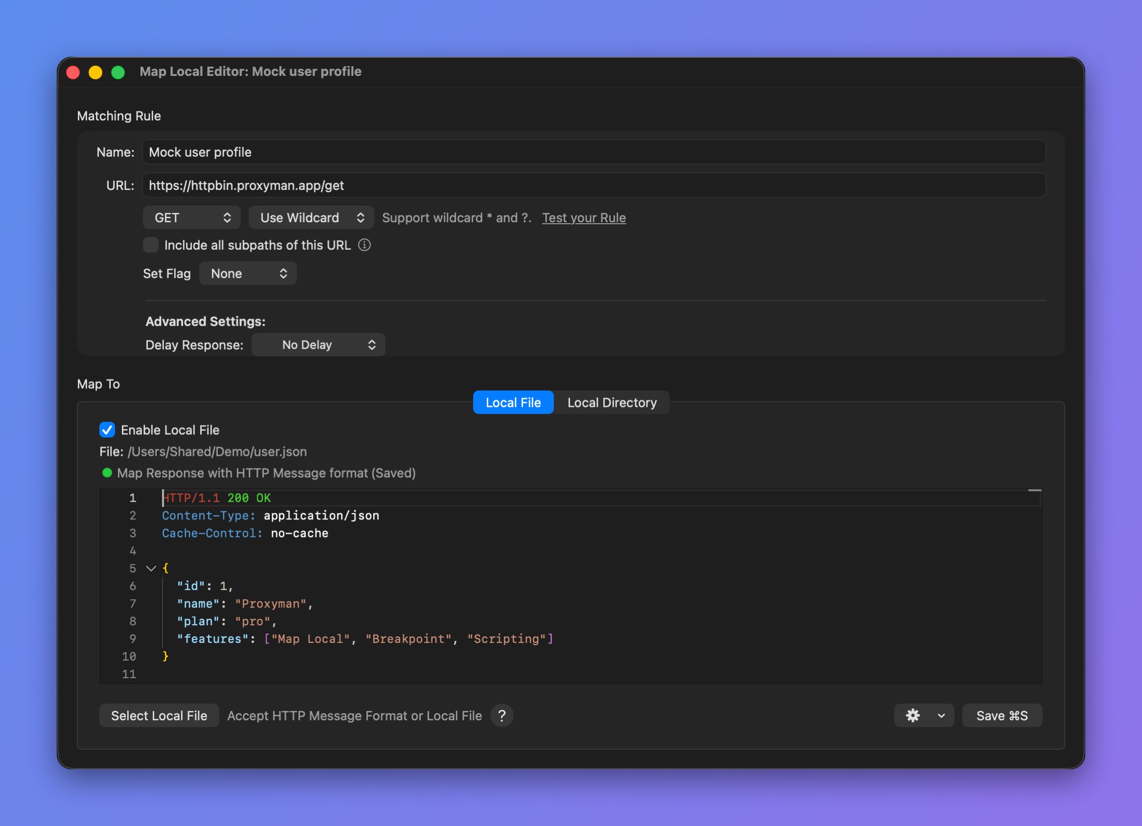 Proxyman Map Local editor for GET https://httpbin.proxyman.app/get in Local File mode with a 200 OK JSON response
