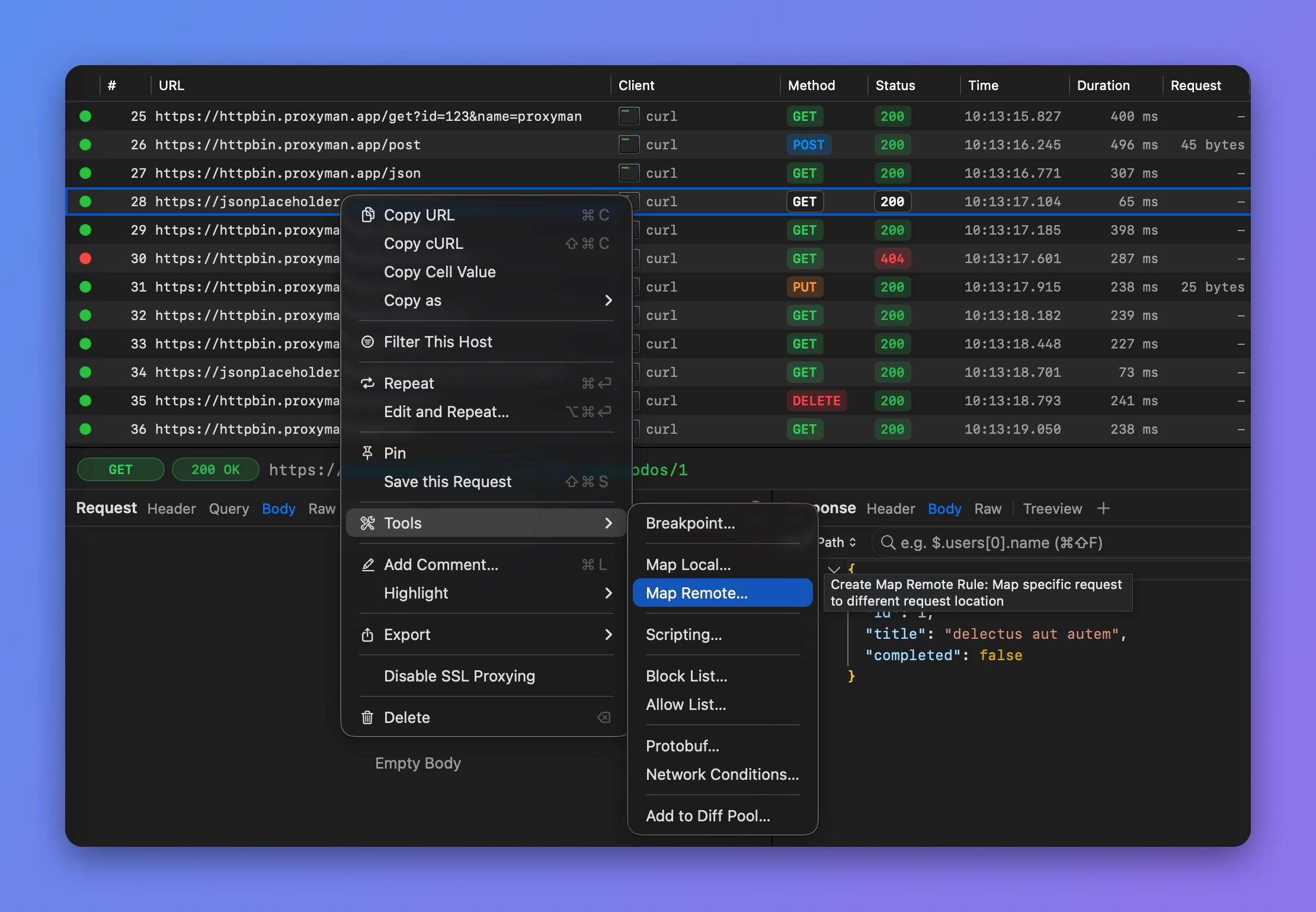 Proxyman right-click menu on a request with Tools > Map Remote... highlighted