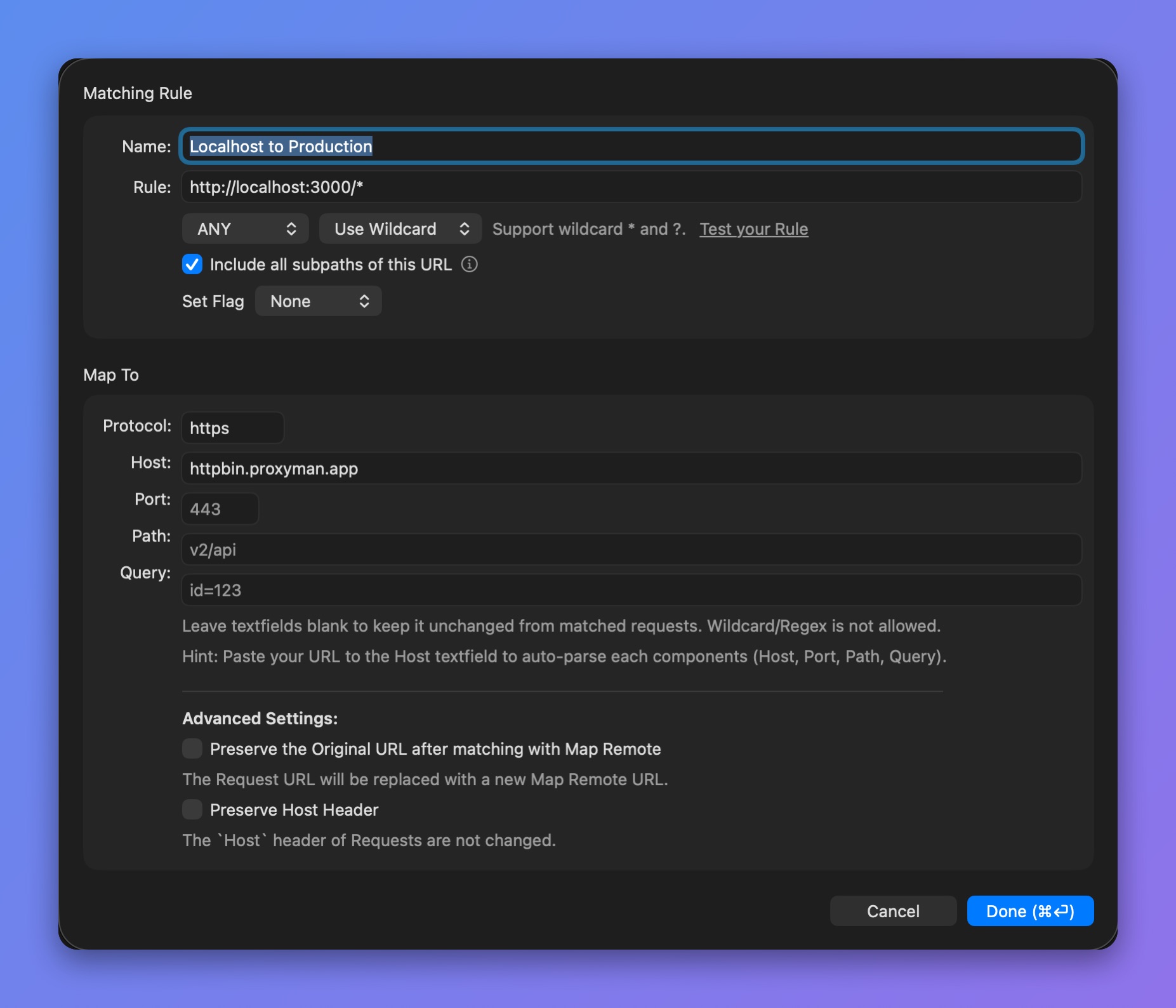 Proxyman Map Remote rule editor that maps http://localhost:3000/* to https://httpbin.proxyman.app