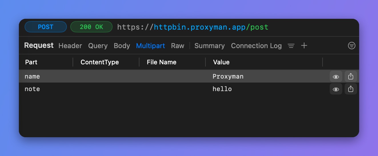 Proxyman Multipart tab listing the parts of a POST request with Preview and Export buttons on each row