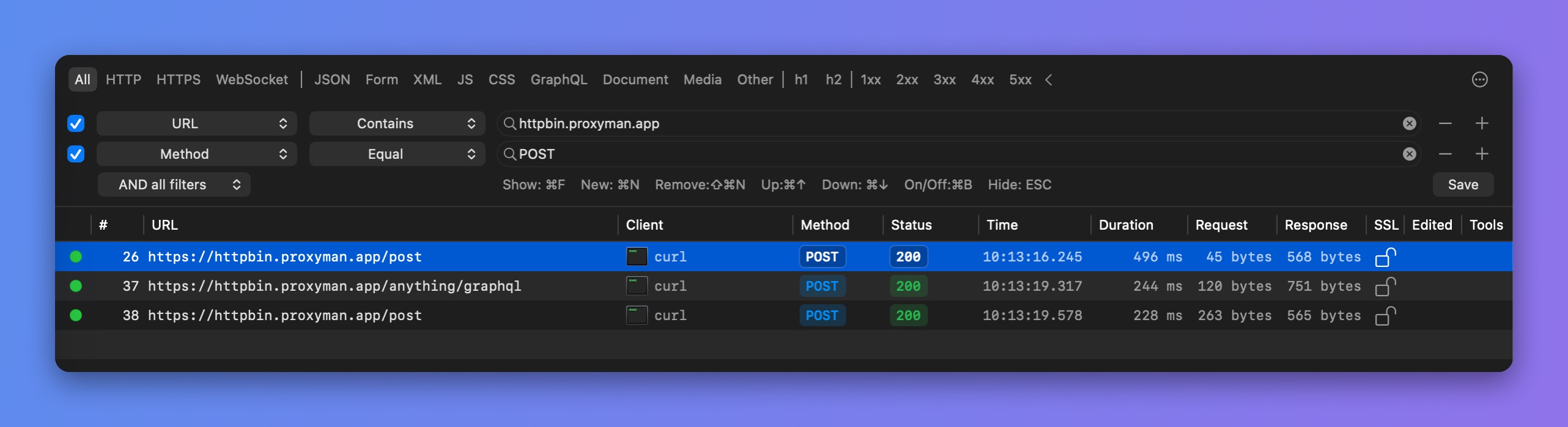 Proxyman filter bar with URL contains httpbin.proxyman.app AND Method equal POST, showing only POST requests