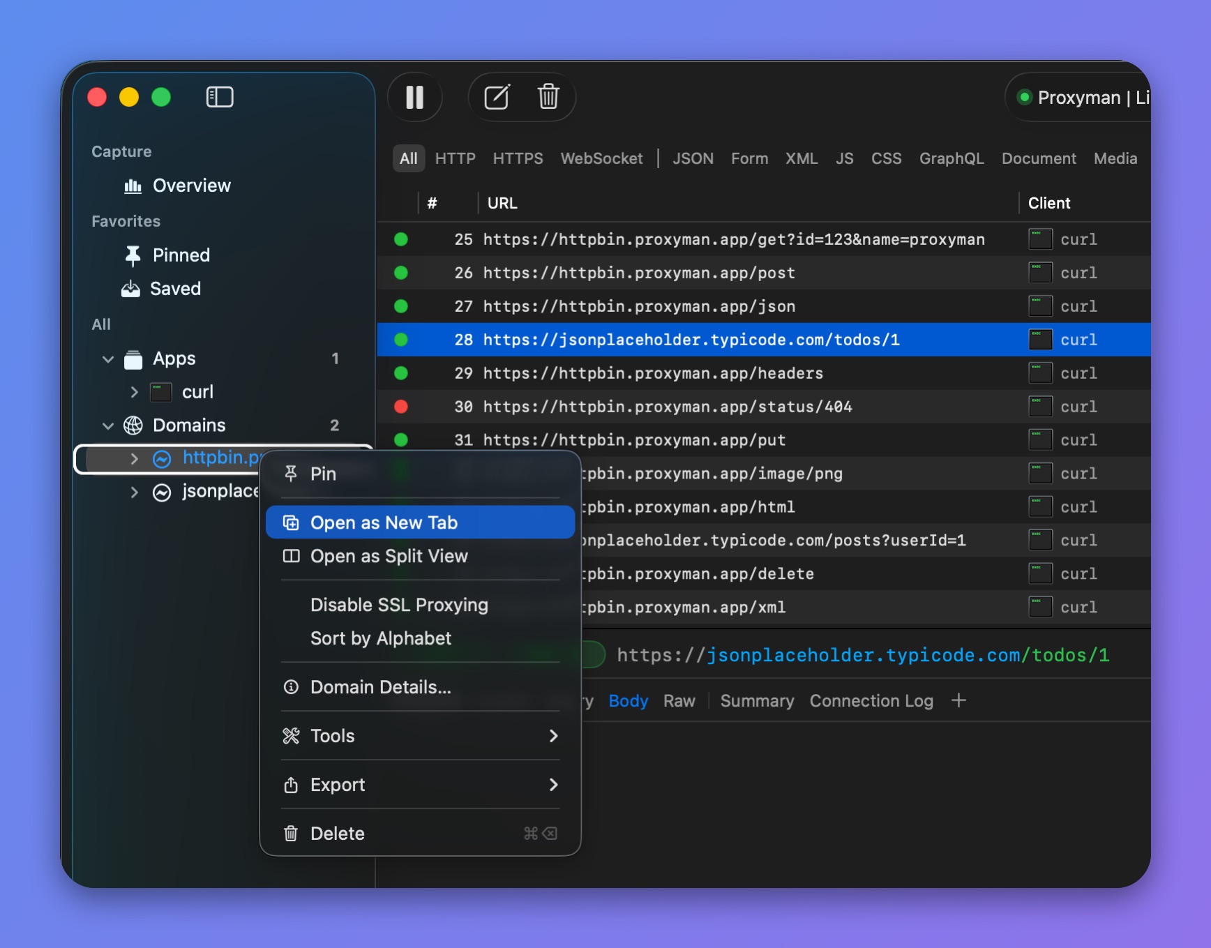 Proxyman sidebar right-click menu on a domain with Open as New Tab highlighted above Open as Split View