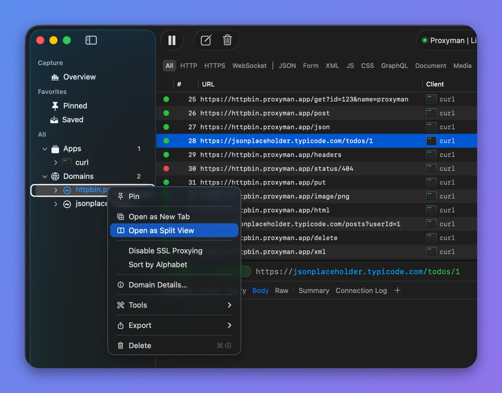 Proxyman sidebar right-click menu on a domain with Open as Split View highlighted below Open as New Tab