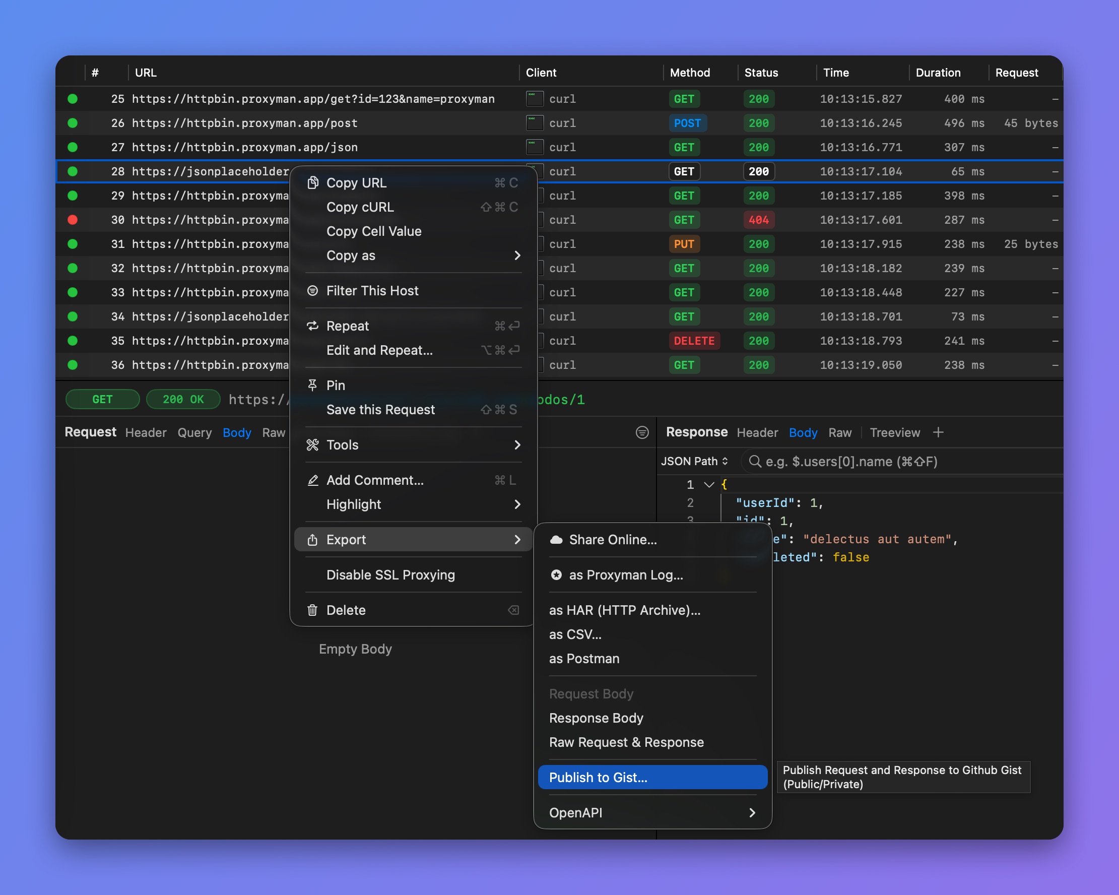 Proxyman right-click menu on a request with Export > Publish to Gist... highlighted