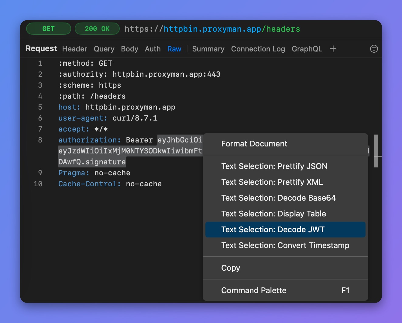 Proxyman Raw tab right-click menu with Text Selection options: Prettify JSON, Decode Base64, Decode JWT and more