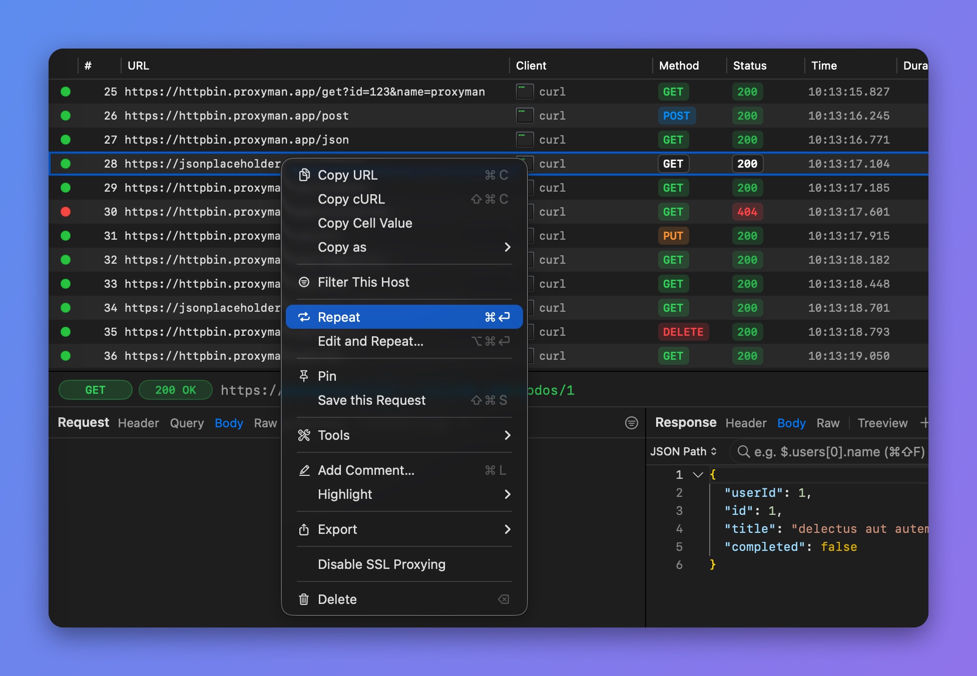 Proxyman right-click menu on a captured request with Repeat (⌘⏎) highlighted