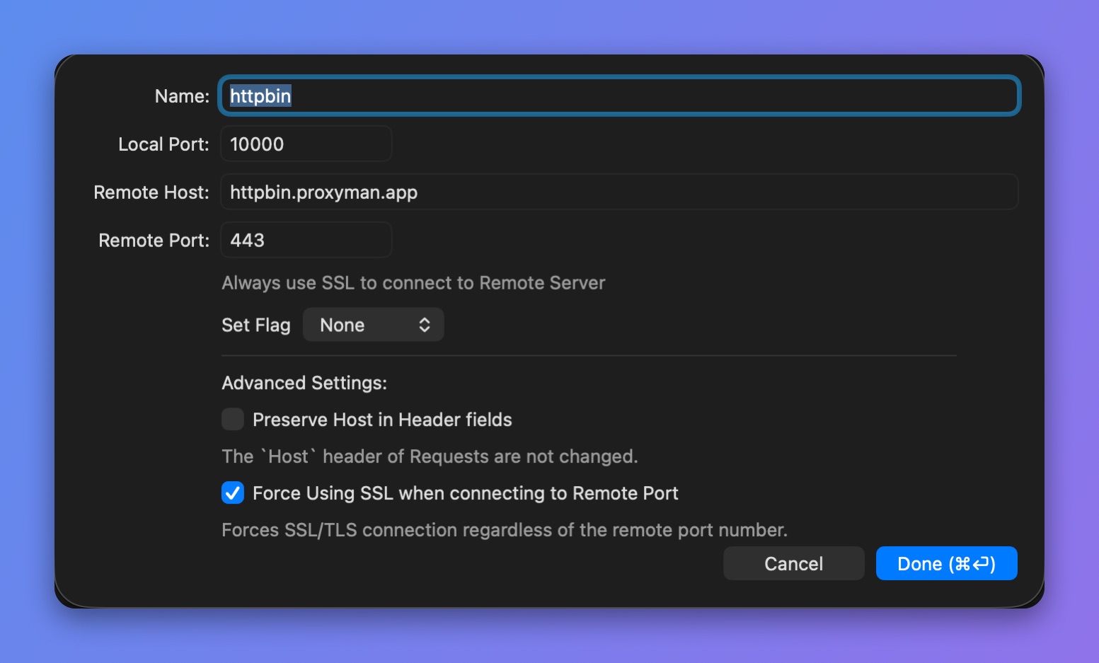 Proxyman Reverse Proxy entry editor with local port 10000, remote host httpbin.proxyman.app and remote port 443