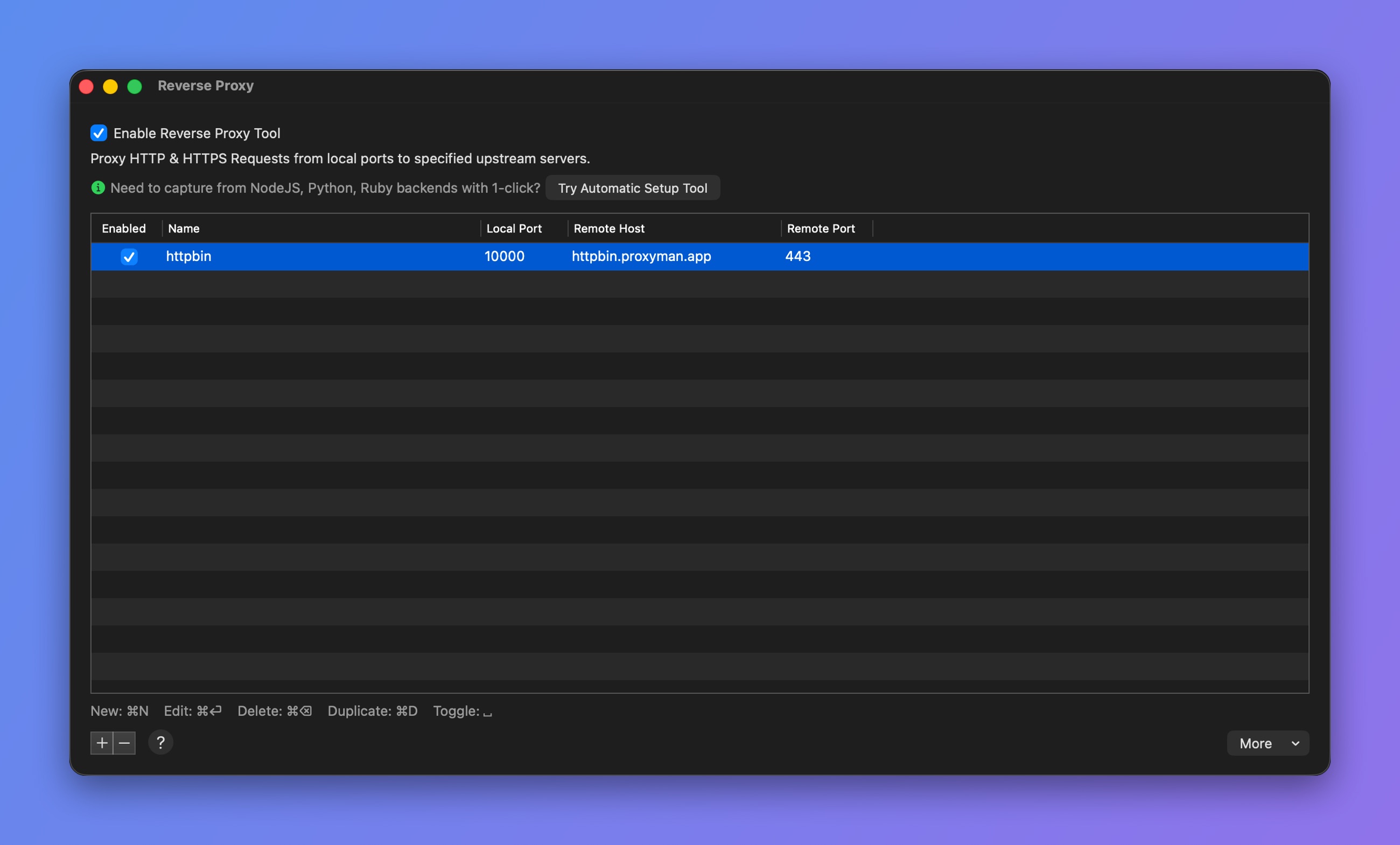 Proxyman Reverse Proxy window with an httpbin entry that maps local port 10000 to httpbin.proxyman.app on port 443