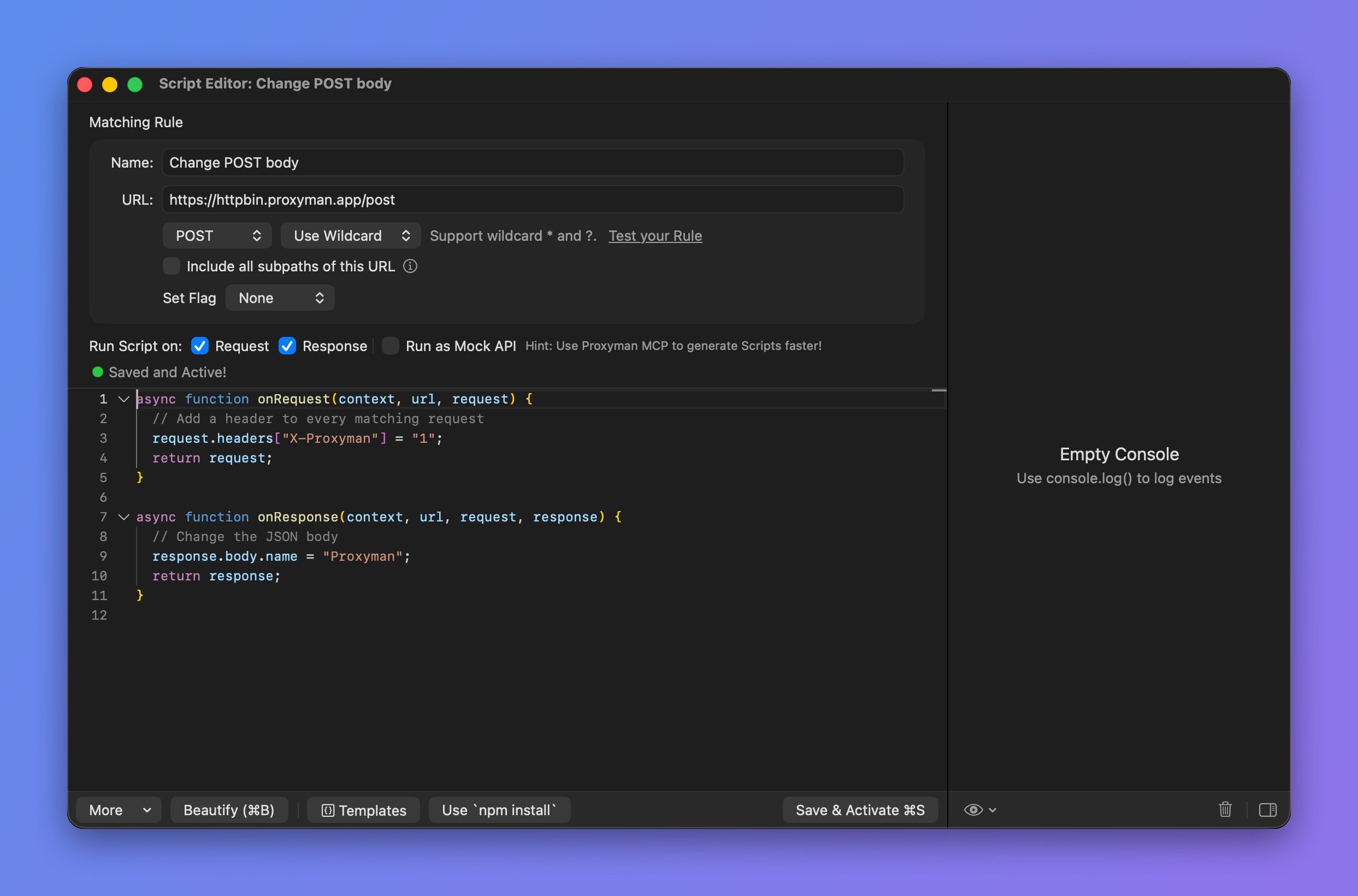Proxyman Script Editor with a POST rule, Request and Response checked, Run as Mock API, and onRequest and onResponse code