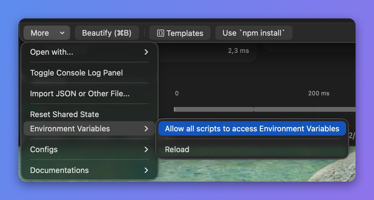 Proxyman Script Editor More menu with Environment Variables open: Allow all scripts to access Environment Variables, Reload
