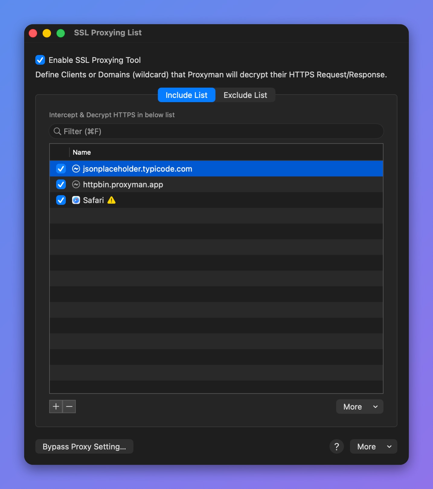 Proxyman SSL Proxying List window, Include List tab with jsonplaceholder.typicode.com, httpbin.proxyman.app and Safari