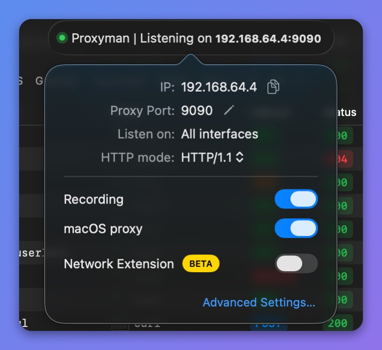 Proxyman status popover with IP 192.168.64.4, Proxy Port 9090, and Recording, macOS proxy and Network Extension toggles
