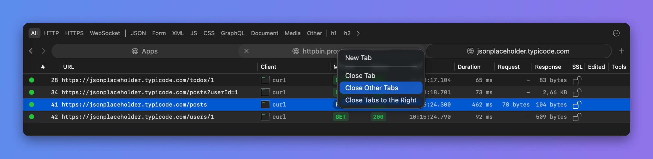 Proxyman tab right-click menu with New Tab, Close Tab, Close Other Tabs and Close Tabs to the Right