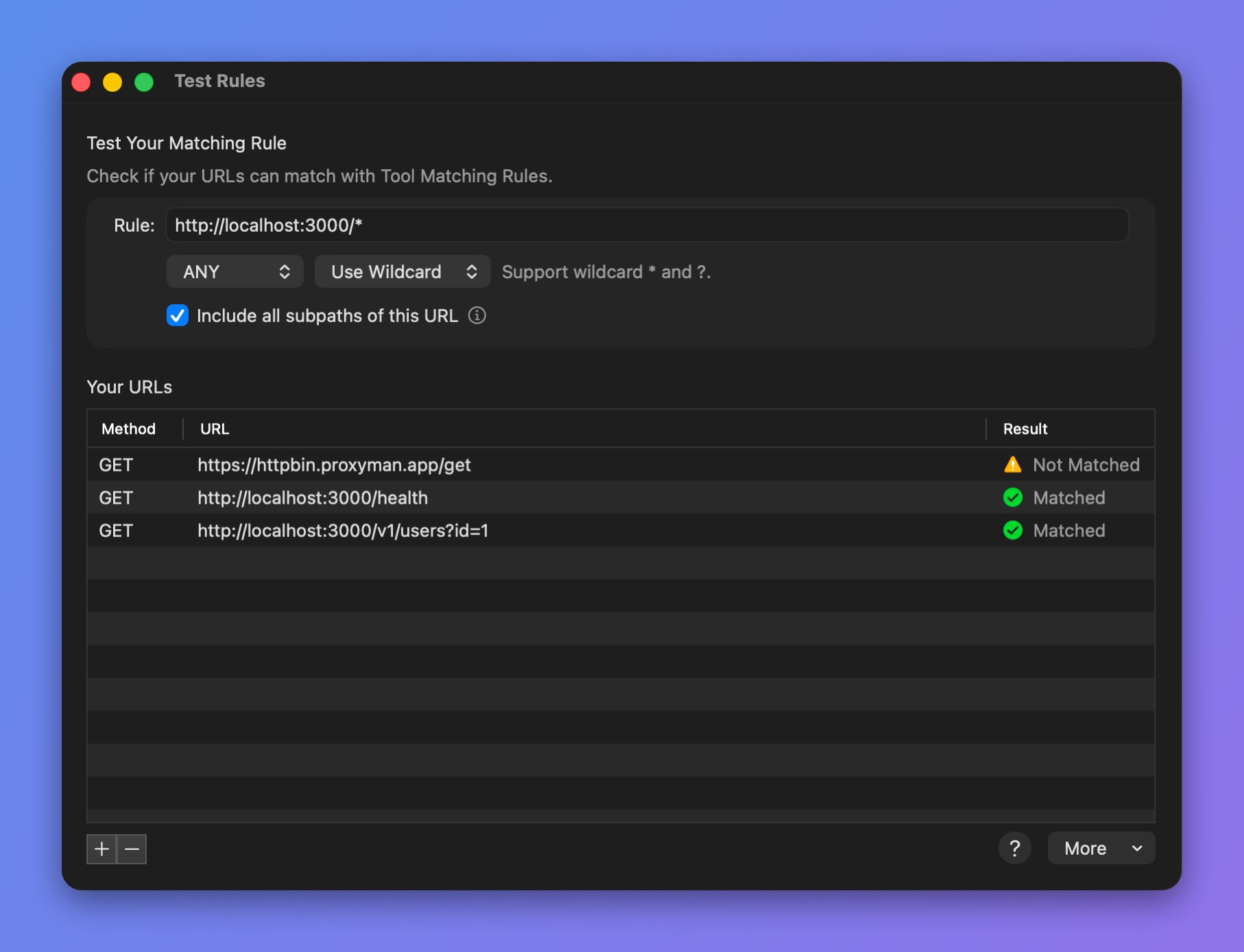 Proxyman Test Rules window checking the wildcard http://localhost:3000/* against three URLs, Matched or Not Matched